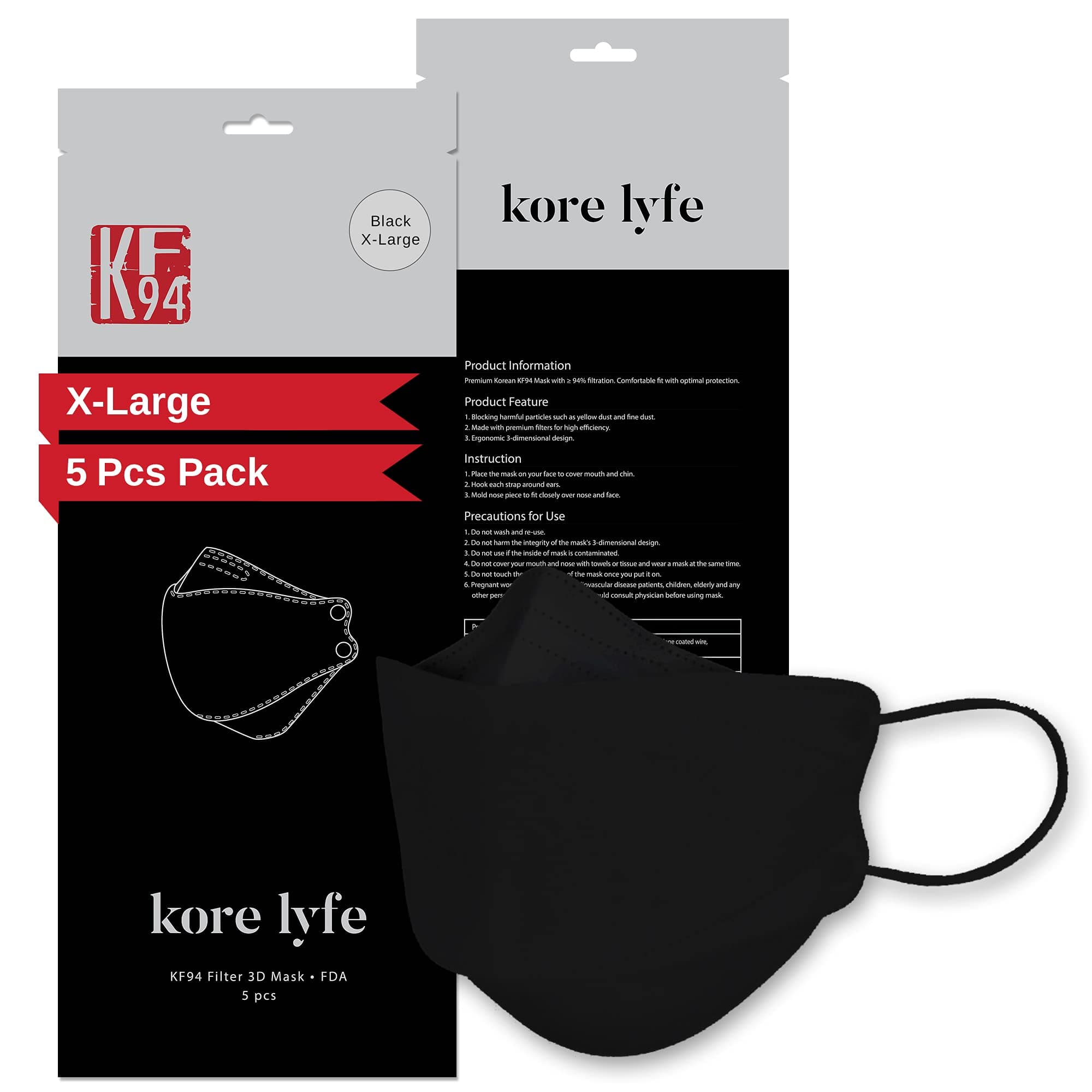 Kore Lyfe [10 PCS] 25% LARGER KF94 Face Mask - X-LARGE BLACK - [Made in Korea] - In 5 PCS Reclosable Package - Breathable Premium Quality - [Package in English]
