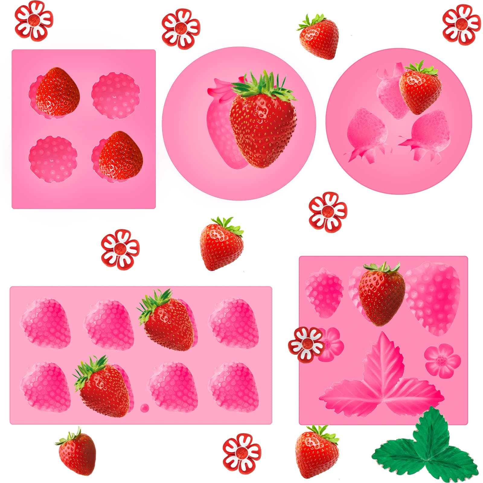 5 Pcs Strawberry Baking Mold Silicone Handmade Candy Jelly Bakeware 3D Flower Strawberry Embed Silicone Fruit Shape Pastry Mold for Soap wax Chocolate Fondant Ice Cream Cupcake Cake Decor