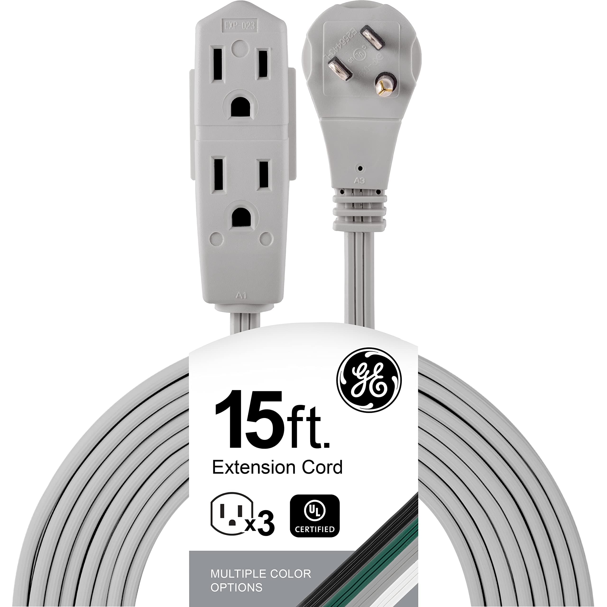 GE 3-Outlet Flat Extension Cord 15 Ft Grounded Extension Cord with Multiple Outlets 3 Prong Outlet Extender Flat Plug Power Strip Indoor 16 Gauge UL Listed Gray 43026