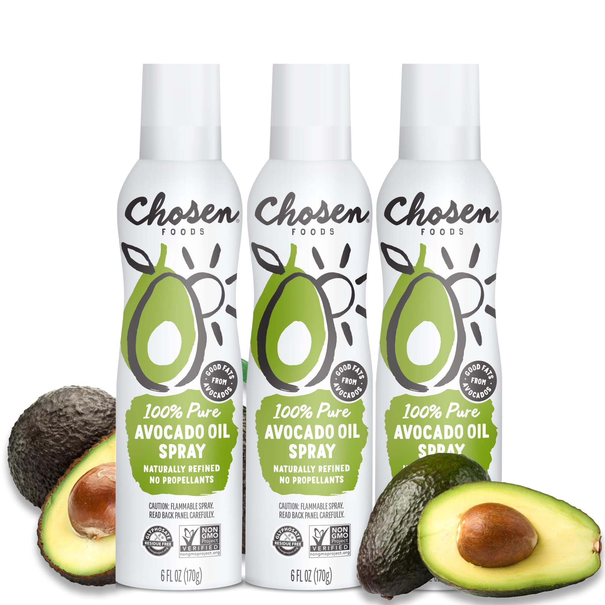 Chosen Foods 100% Pure Avocado Oil Spray 6 Oz. (3 Pack), Non-Gmo, 500°F Smoke Point, Propellant-Free, Air Pressure Only For High-Heat Cooking, Baking And Frying