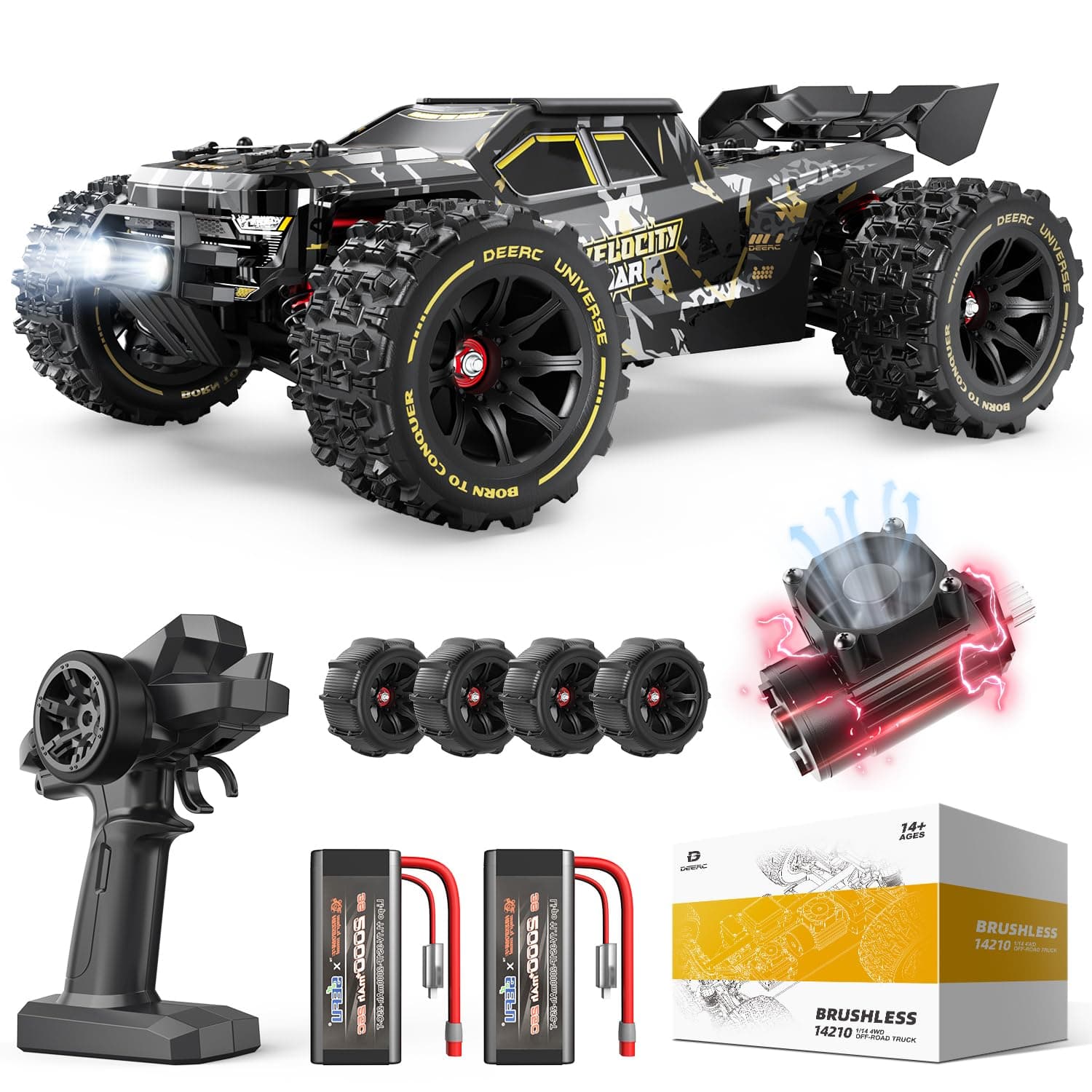 DEERC 14210 1: 14 Extreme Fast RTR Brushless RC Car for Adult, Max 50+MPH 3S Hobby RC Truck, All Terrain RC Monster Truck, 2 Li-po Batteries