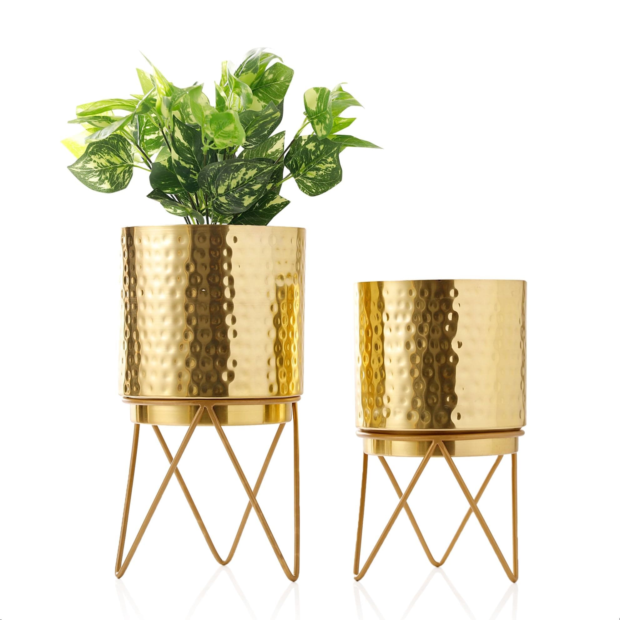 Elle Gold Hammered Metal Planter Set with Stand | 12 Inch & 10 (Height) by 7 Inch & 6 Inch (Dia) | Planters for Living Room, Bedroom Decor (Pack of 2)