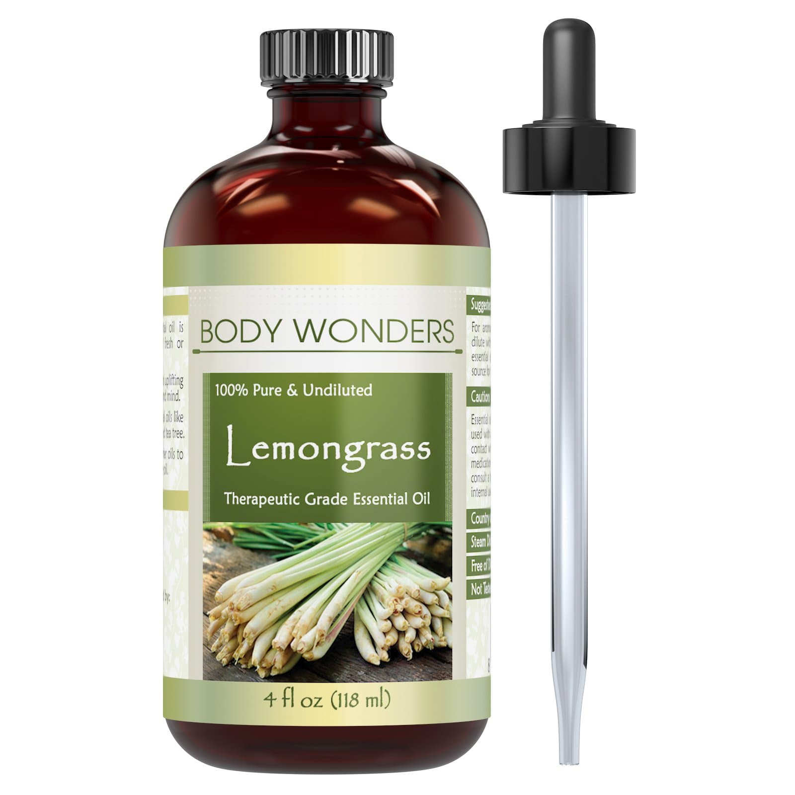 Body Wonders 100% Pure & Undiluted Lemongrass Therapeutic Grade Essential Oil 4 Fl Oz 118 Ml