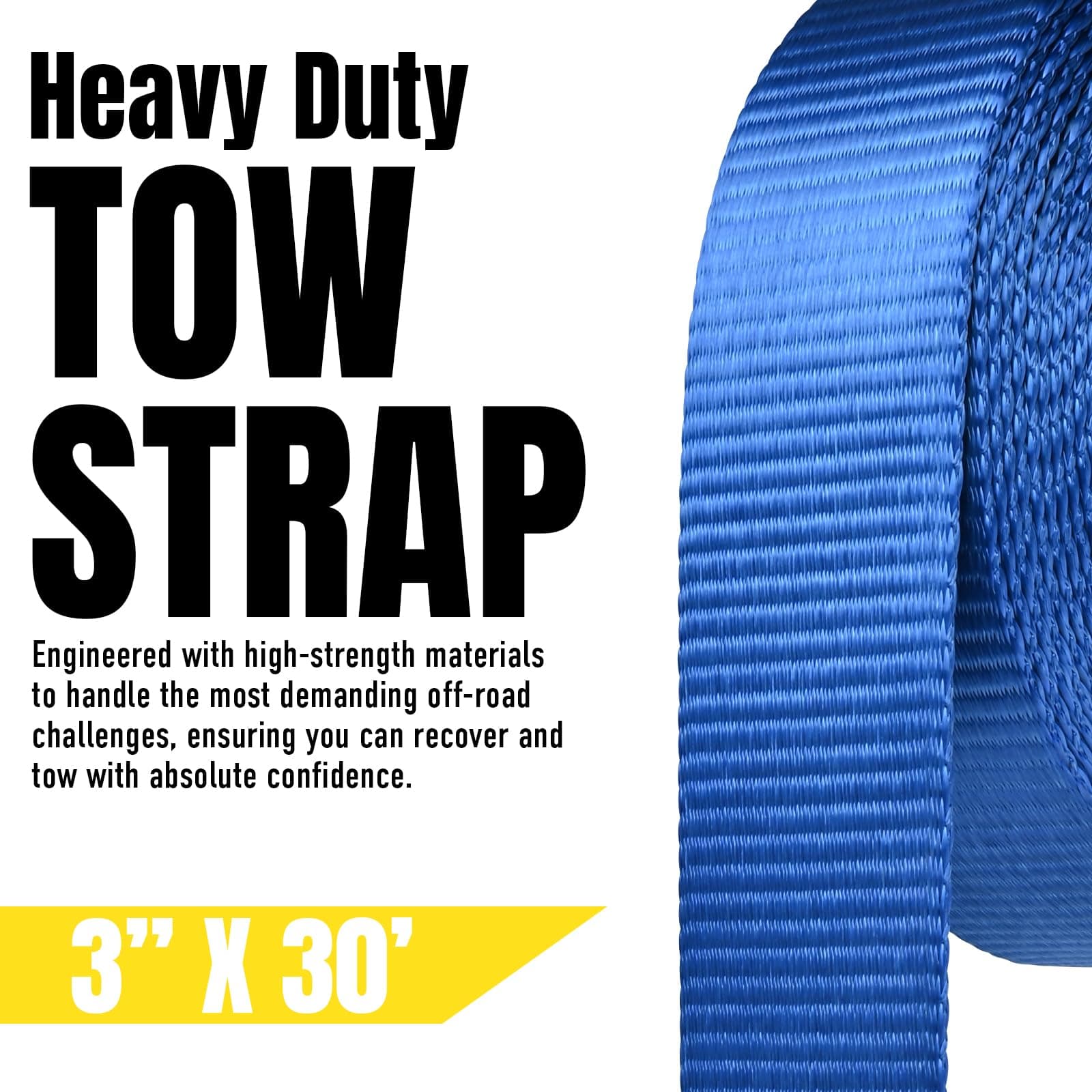 Stay There 3'' x 30 ft Tow Strap, Heavy Duty with 30,000 lb Capacity-Emergency Towing Rope for Recovery Vechiles-Storage Bag (Blue)