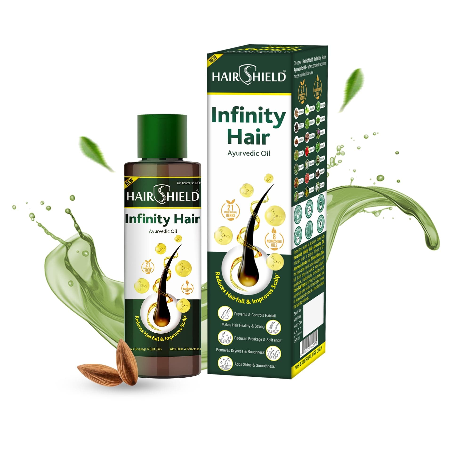 Hairshield Infinity Hair Ayurvedic Oil with 21 Herbs including Bhringraj, Henna, Amla, Neem | 8 Natural Oils | Promotes Hair Growth, Stops Hairfall, Reduces Breakage & Split Ends, Removes Dandruff | 100ml