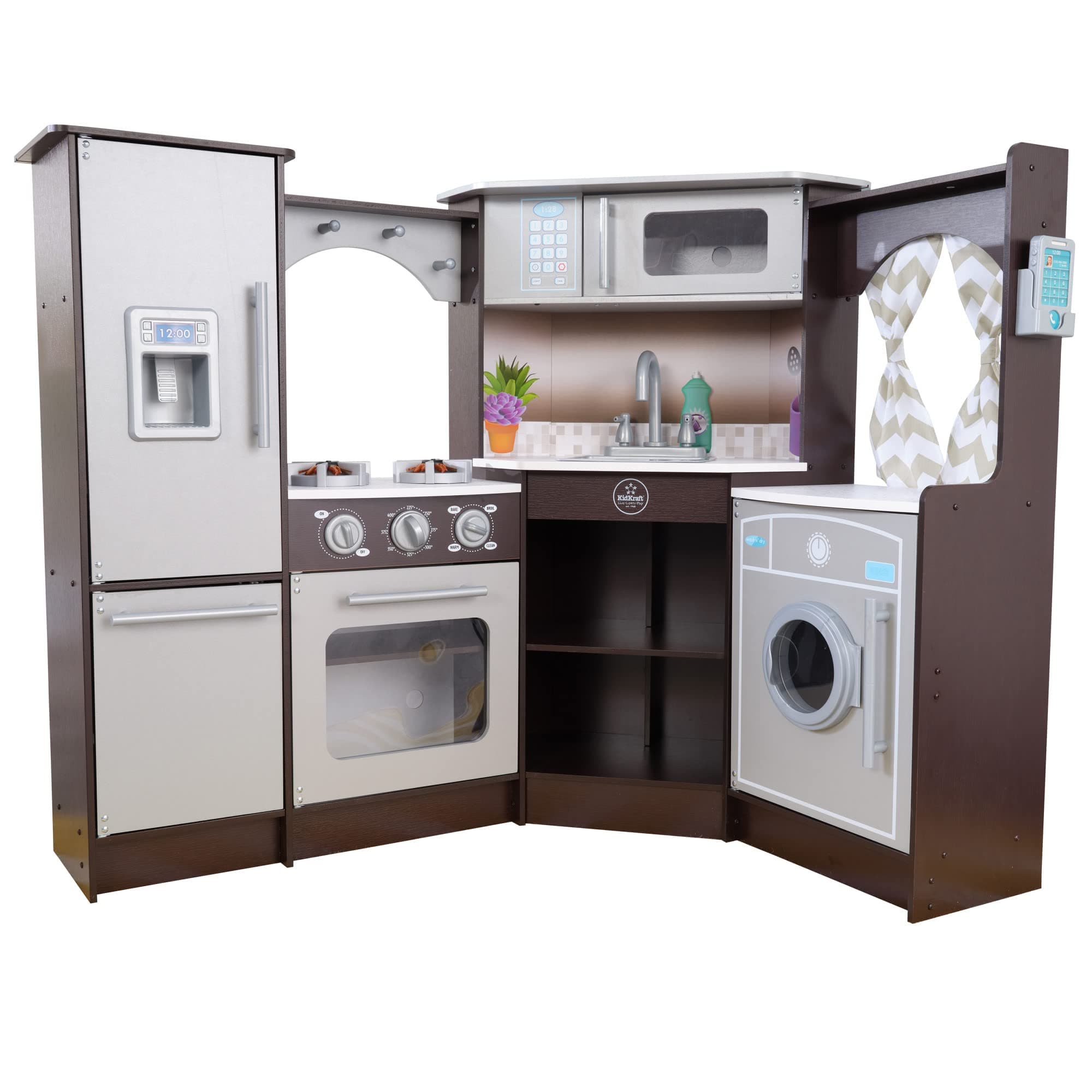 Ultimate Corner Wooden Play Kitchen with Lights & Sounds, Play Phone and Curtains, Espresso, Gift for Ages 3+