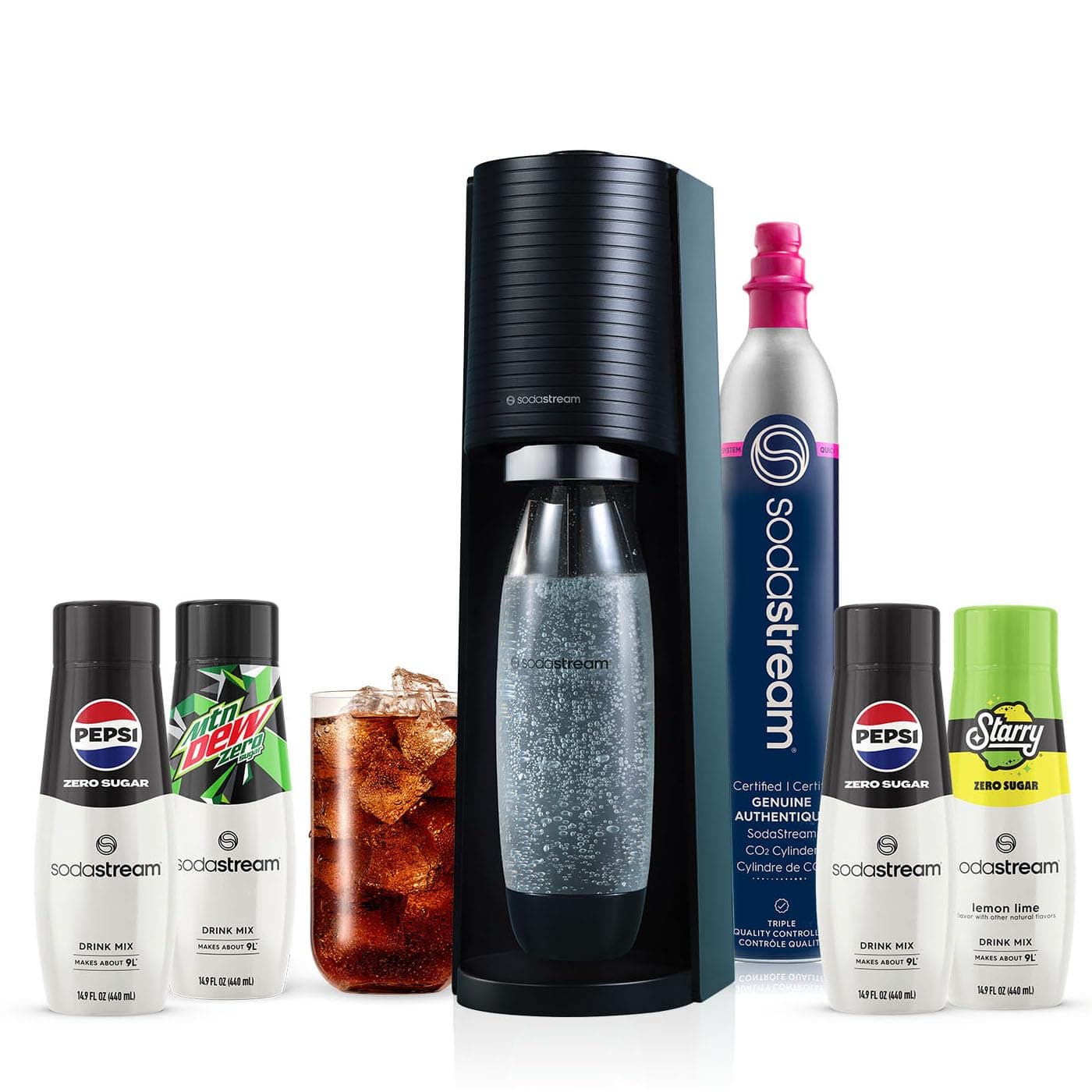 Terra Sparkling Water Maker Bundle in Black - includes CO2, Carbonating Bottle, and Pepsi® Zero Sugar, Starry® Zero Sugar and MTN Dew® Zero Sugar 4-Flavor Variety Pack