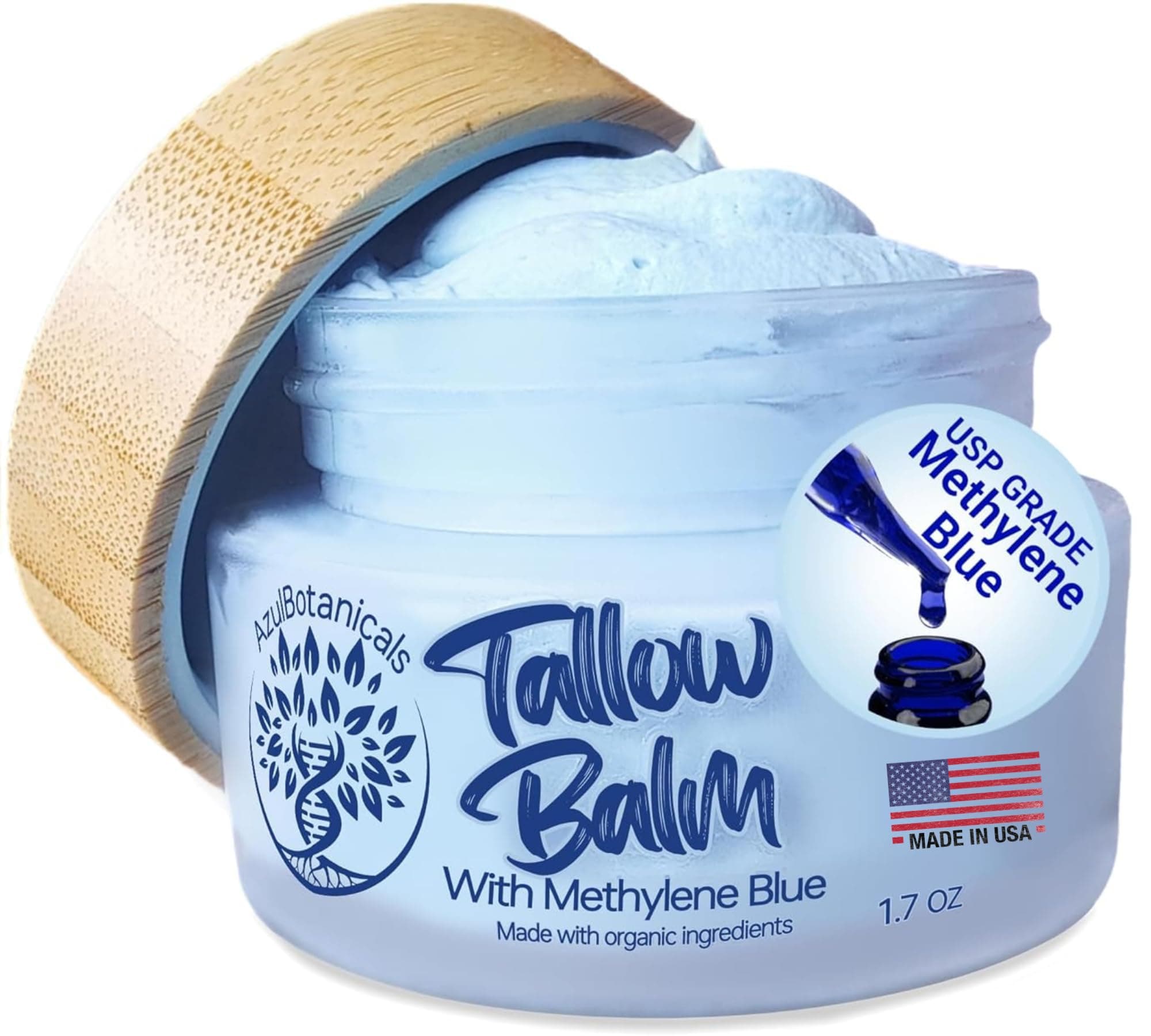Methylene Blue Infused Whipped Grass Fed Beef Tallow Balm for Healthy Skin, Anti-Aging, Fullbody Moisturizer, Stretchmarks, Rosacea, Psoriasis, Eczema, Acne, All skin types, Organic Ingredients 1.7oz