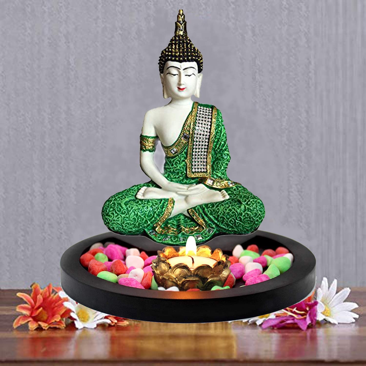 Heeran Art Polyresin Sitting Lord Buddha Idol, 18 cm x 12 cm x 27 cm, Green And White, 1 Piece