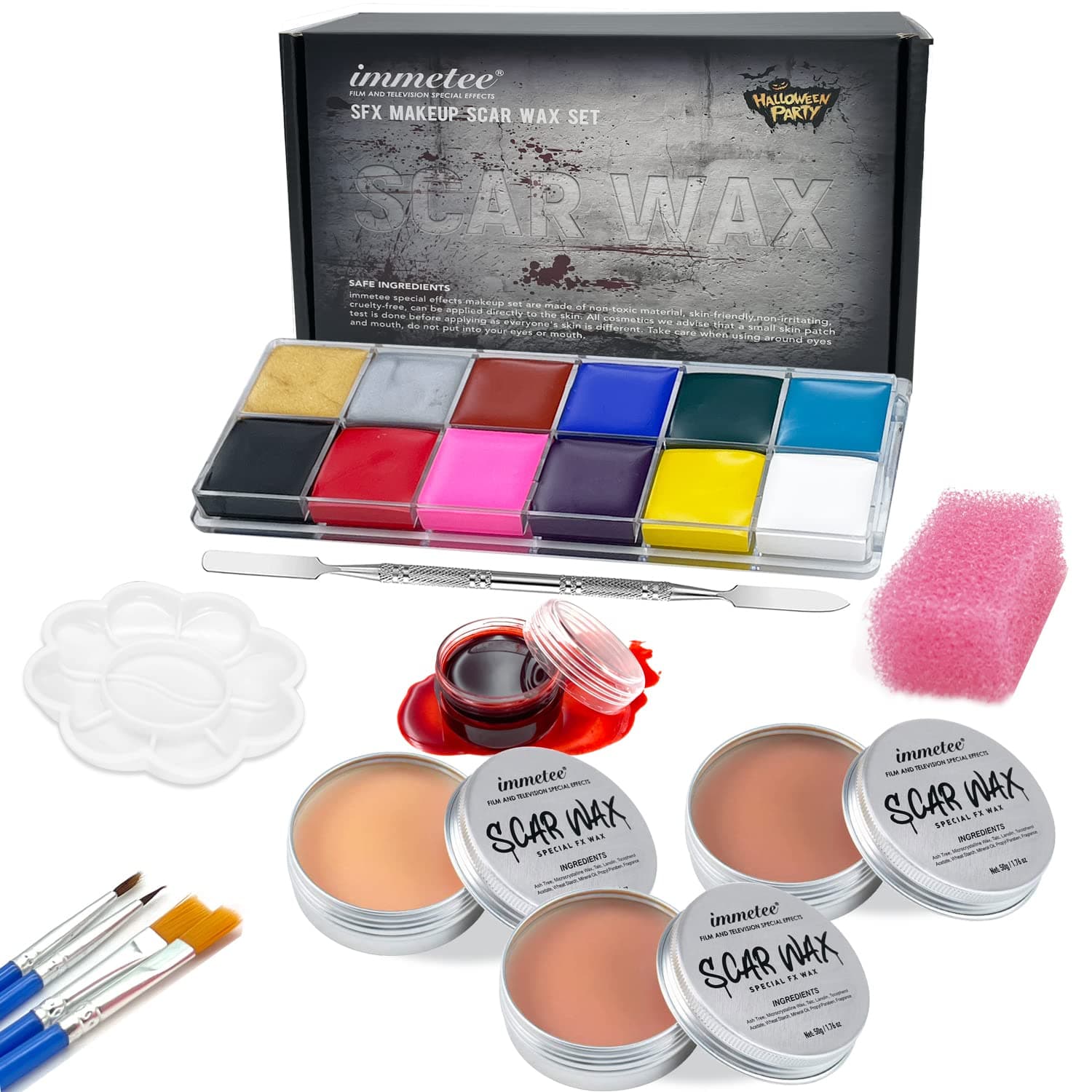 Scar Wax SFX Makeup Kit, Face & Body Paint, Christmas Halloween Makeup Kit, Fake Blood, Painting Brushes, Spatula, Stipple Sponge, Stage Theatrical Party Cosplay, Carnival