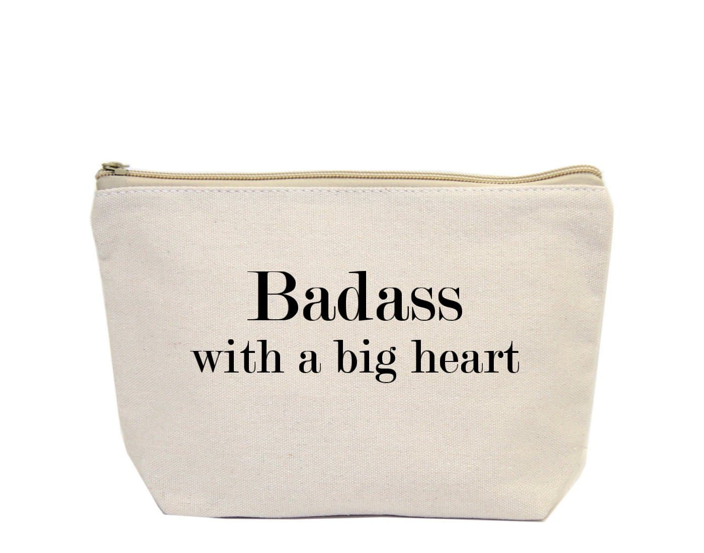 JulesSmall Natural Canvas Zipper Bag Badass With A Big Heart Perfect for lipsticks small collections best friend gift for girlfriend mother daughter travel purse