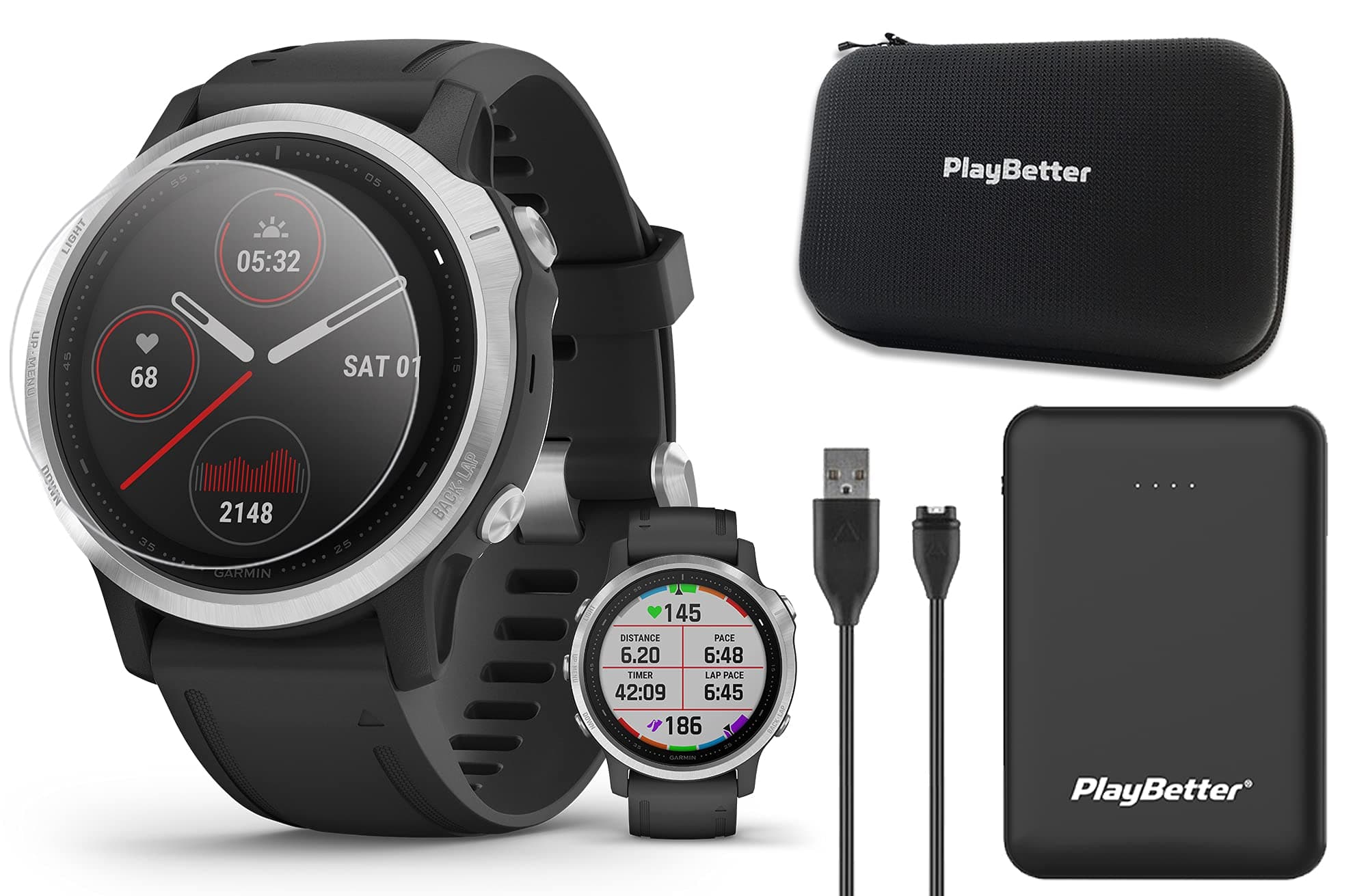 Garmin Fenix 6S (Silver/Black Band) Power Bundle | with PlayBetter Portable Charger, Screen Protectors & Hard Case | Smaller Wrists Multisport GPS Watch | Heart Rate, ABC Sensors, Maps | 010-02159-01