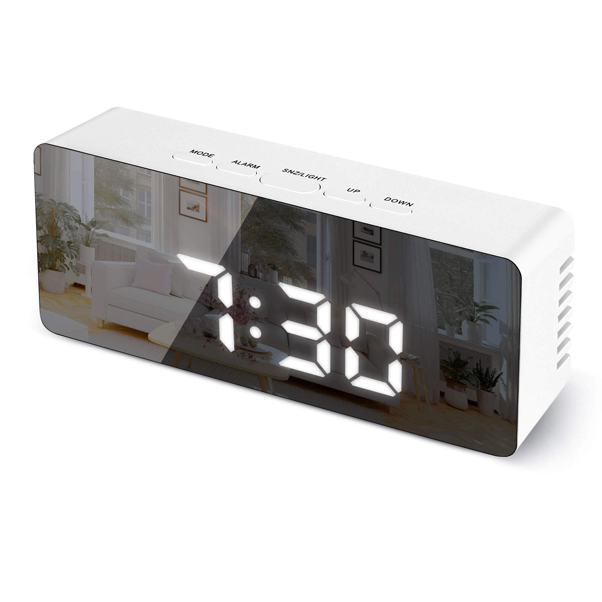 sanlinkee Digital Alarm Clock, Bedside Alarm Clocks with Snooze Time Temperature Mirror Surface Function LED Digital Clock for Office USB Powered & Battery Backup Powered(White Light)