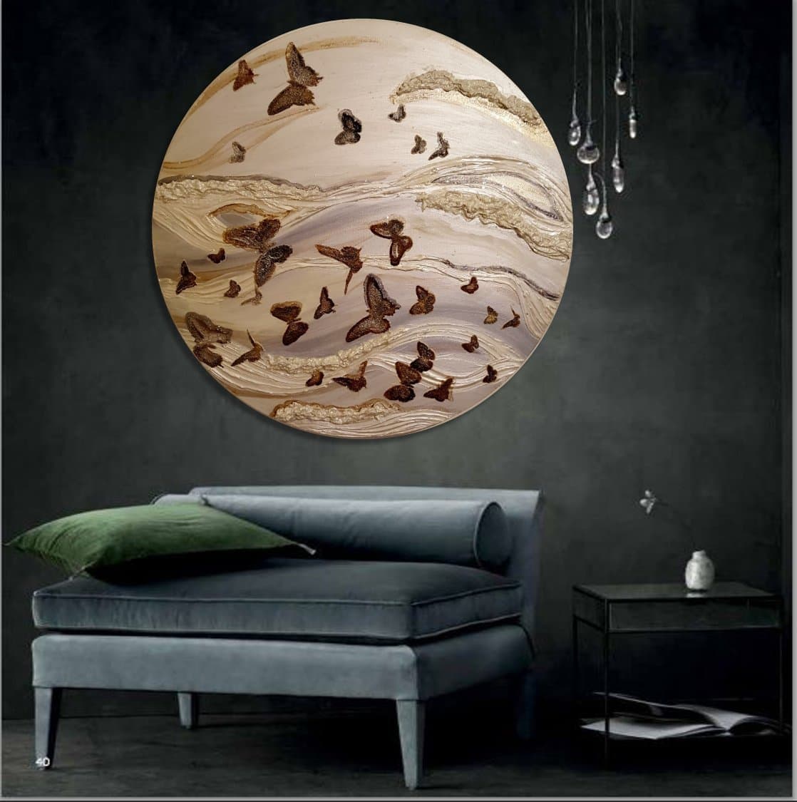 Original abstract flying butterfly oil painting. Silver-pearl-champagne round canvas, modern wall art, large painting on canvas,house decor