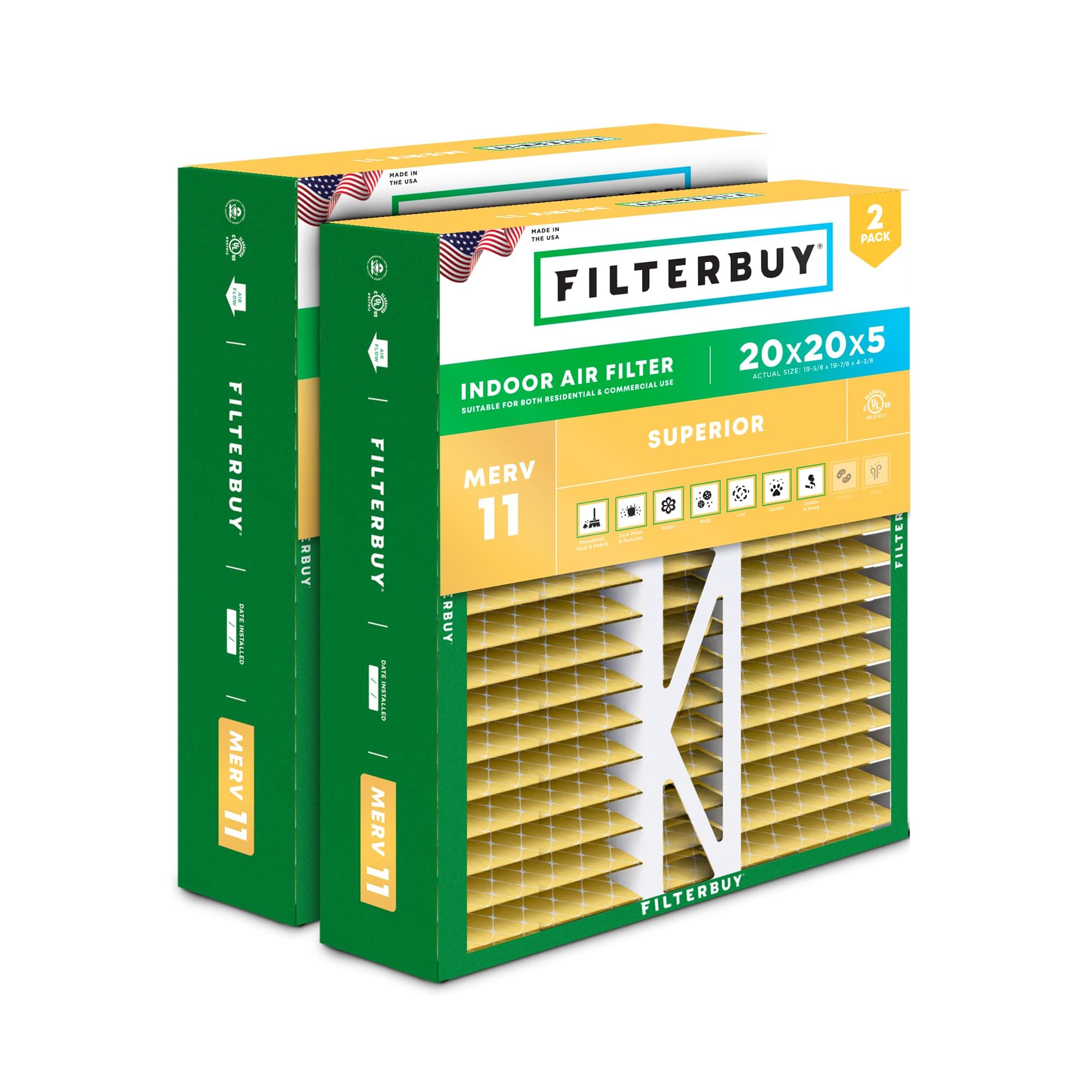 Filterbuy 20x20x5 Air Filter MERV 11 Superior Pet & Allergy Defense (2-Pack), Pleated HVAC AC Furnace Filters for Honeywell FC100A1011, Lennox X0585, and More (Actual Size: 19.63 x 19.88 x 4.38)