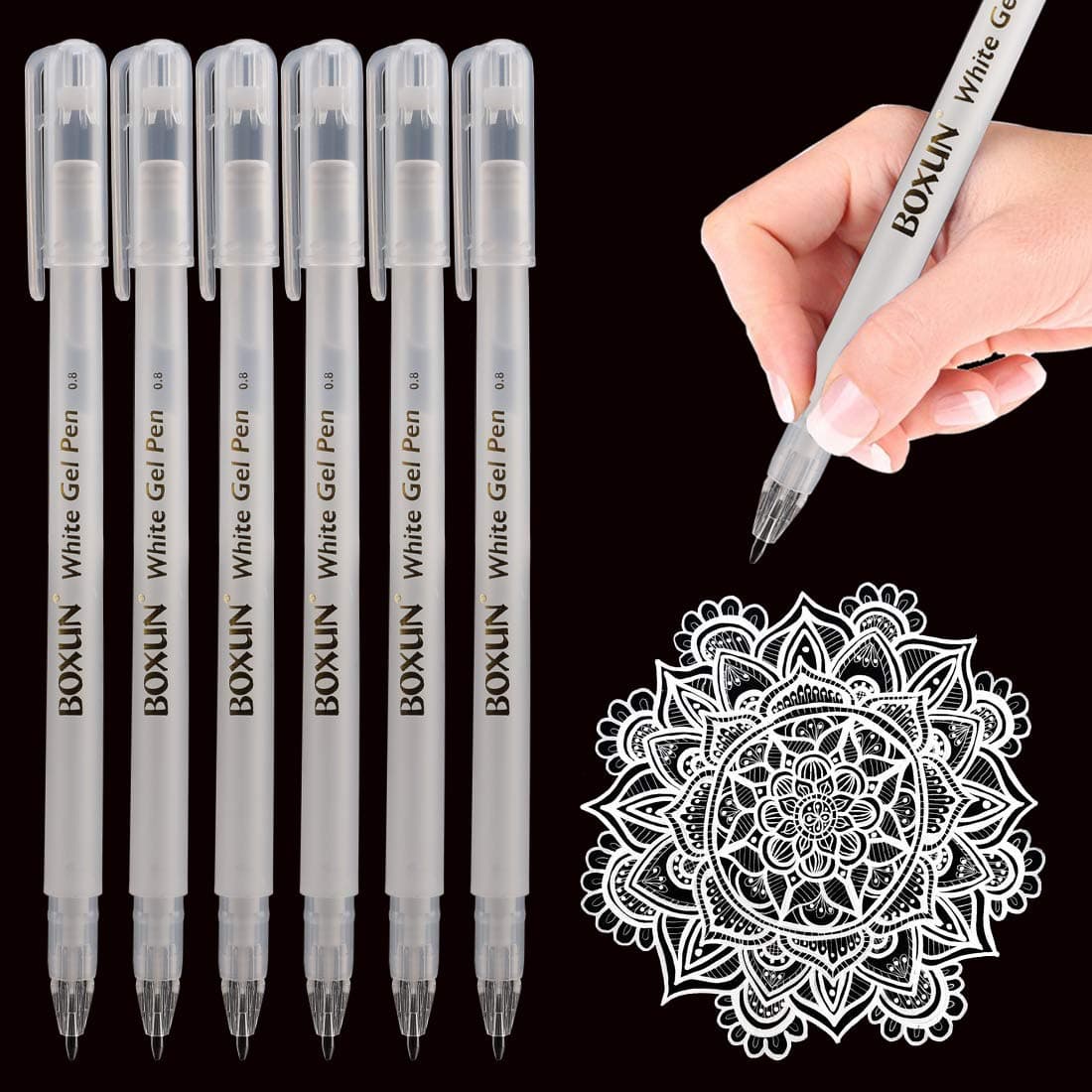White Gel Ink Pens - 0.8MM Fine Tip, for Artists, Drawing, Sketching, Black Paper, Pack of 6
