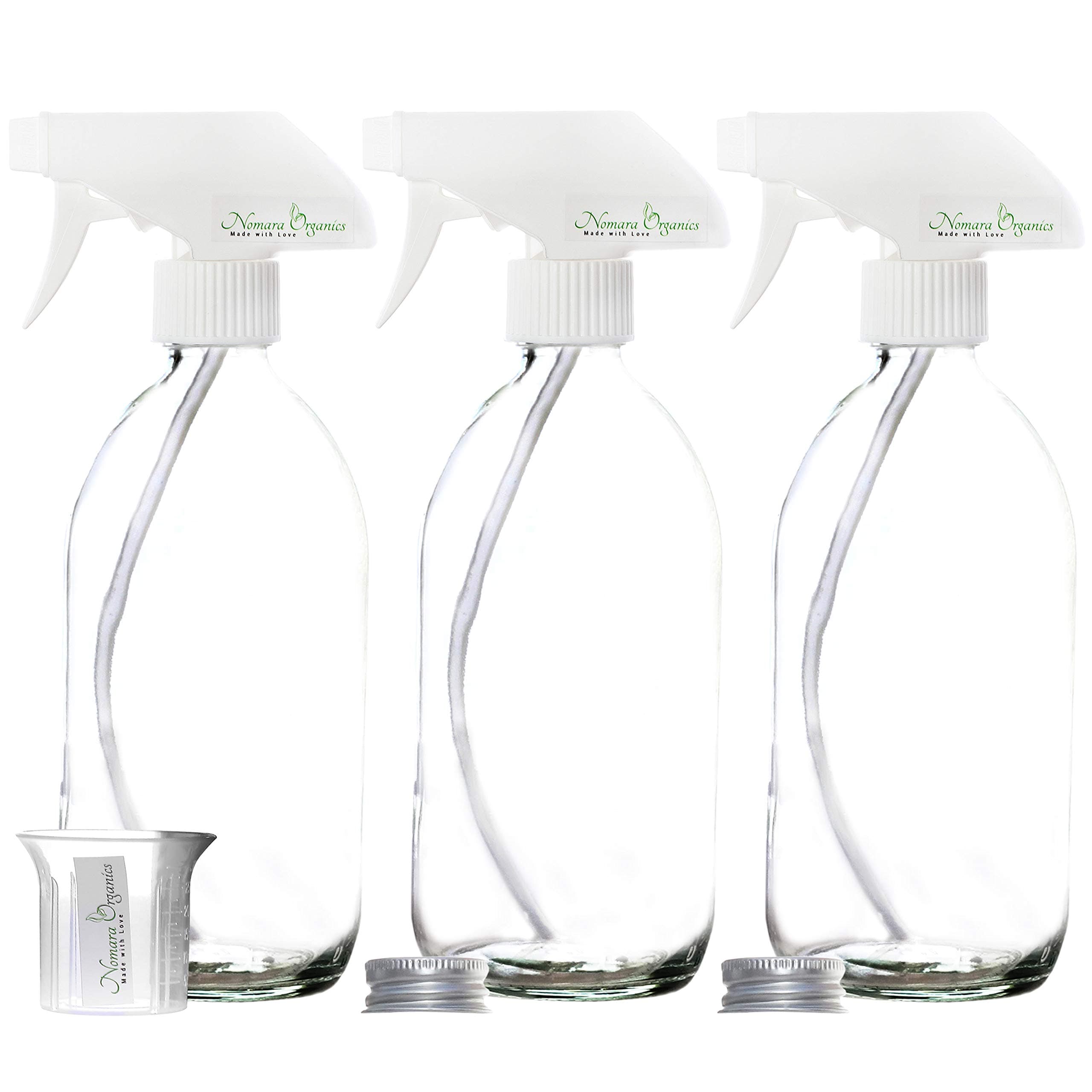 Nomara Organics Clear Glass Spray Bottles with Durable Pumps – Set of 3 x 500mL, BPA-free, Refillable for Laundry, Ironing, Cleaning, Gardening and Plant Watering.