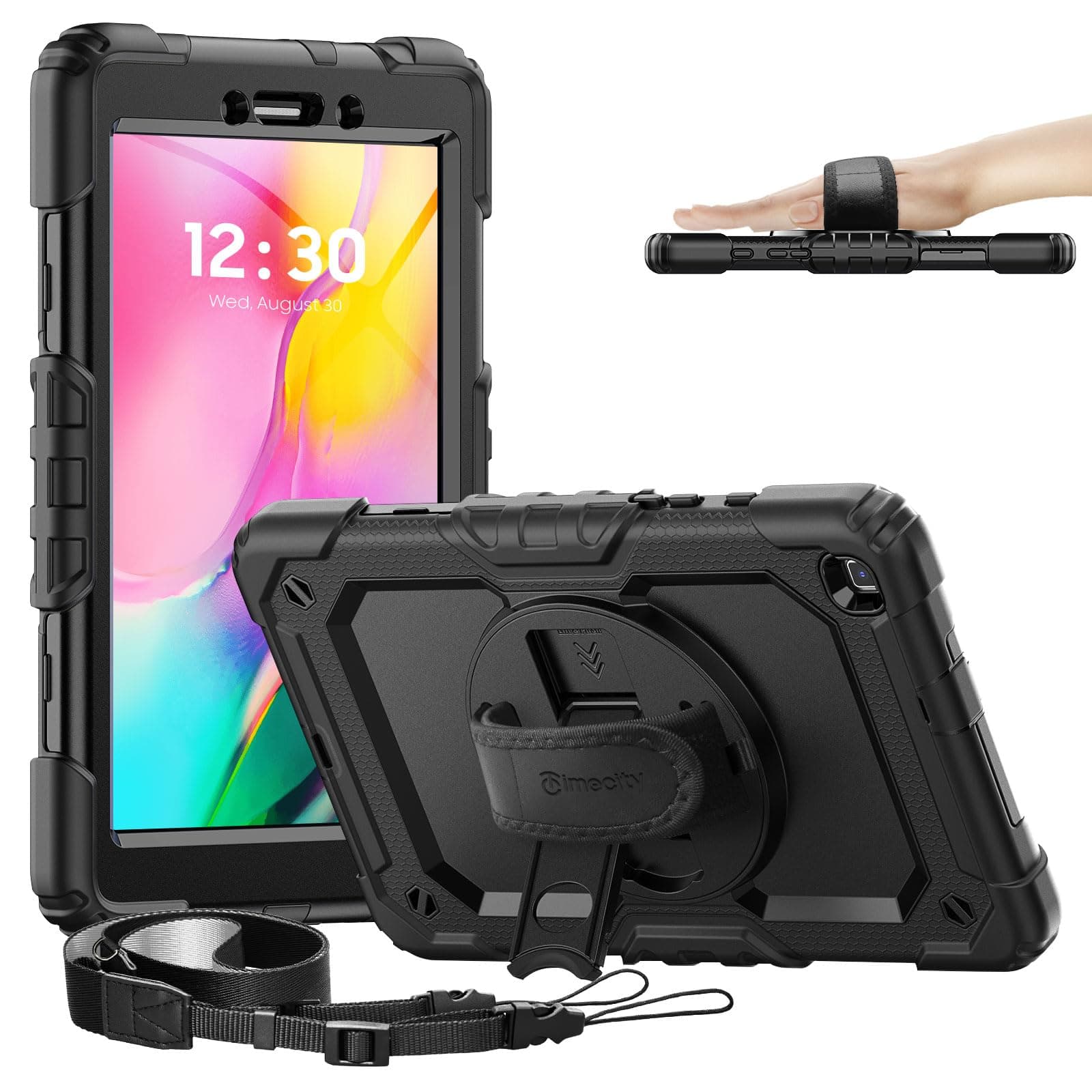 Case for Samsung Galaxy Tab A 8.0 2019 SM-T290/ T295/ T297, Full-Body Protective Case with Screen Protector, Swivel Stand/Handle Shoulder Strap Case for Kids Students, Black