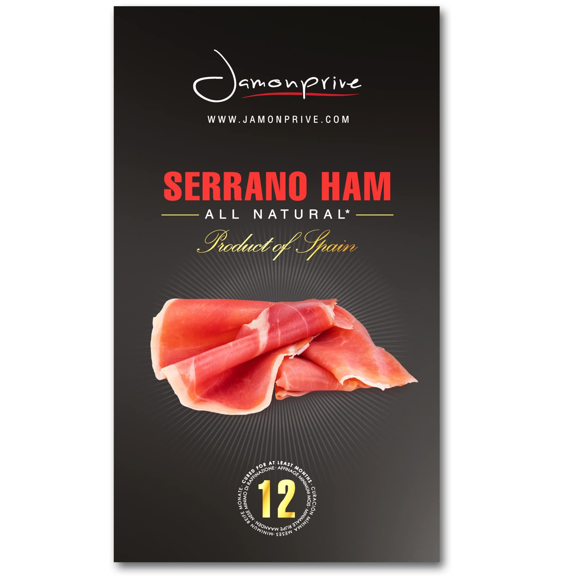 Spanish Serrano Ham Sliced Dry-Cured (3oz) - Spanish Jamon Serrano with NO Nitrates or Nitrites all Natural, GMO Free and Gluten Free - Jamonprive (3 oz Each, Pack of 1 Unit)
