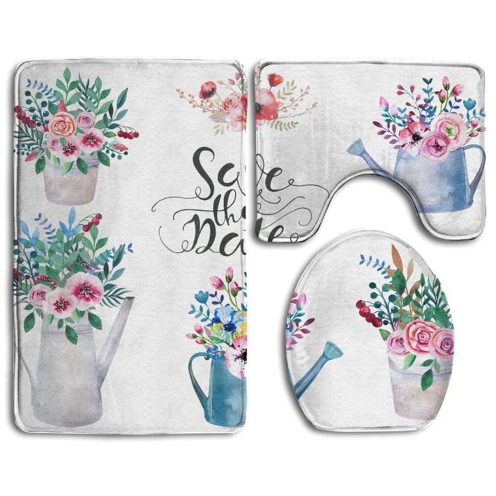 HanSmallT Set Of Watercolor Bouquets Spring Flowers In Pot Rustic White Non Slip 3 Piece Bath Mat Pedestal Rug + Lid Toilet Cover + Bath Mat Customized Artwork Print