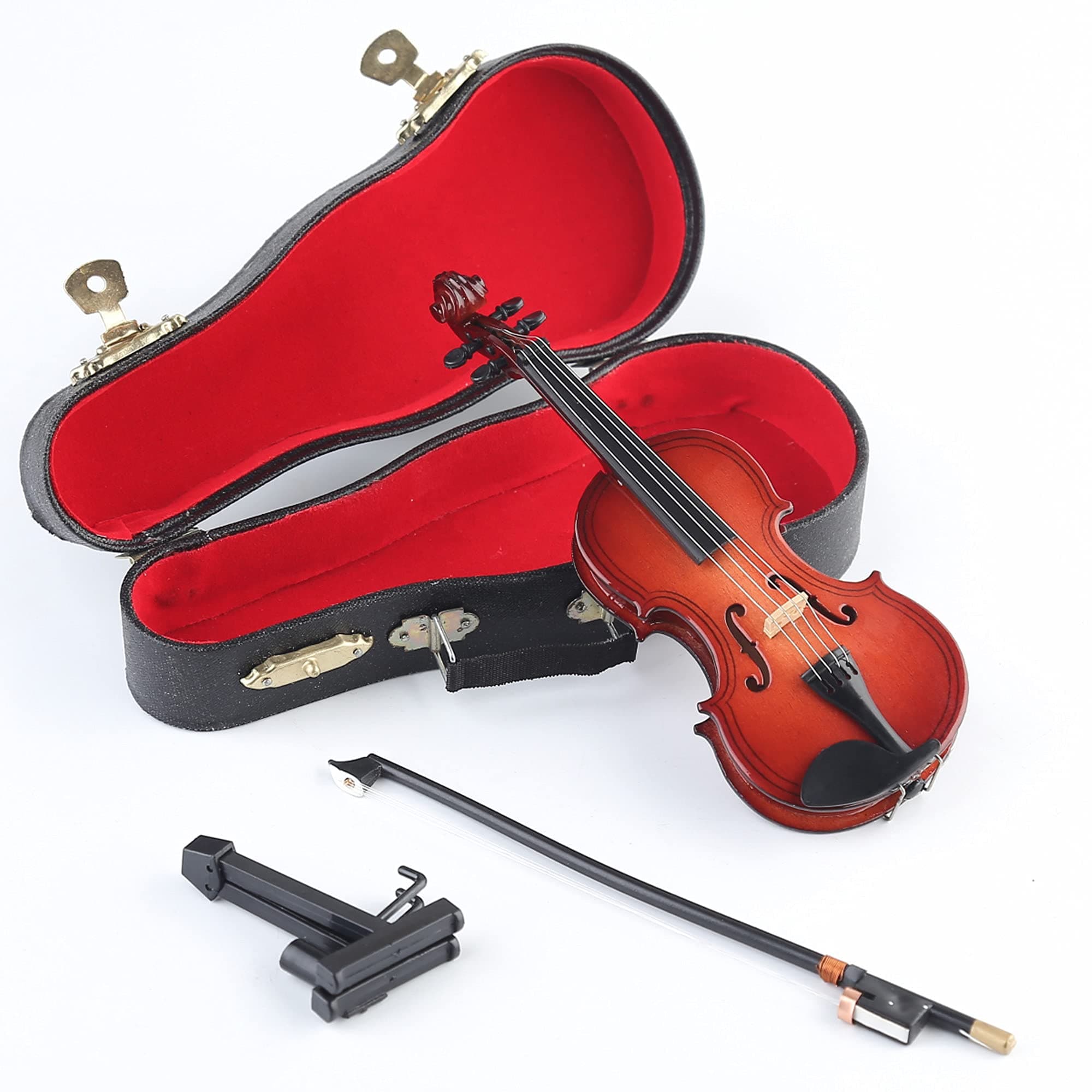 Wooden Miniature Violin with Stand, Bow and Case Mini Musical Instrument Violin Replica Collectible Figurines Dollhouse Accessories Model Home Decoration Display Ornament (5.63"x2.05"x0.75")
