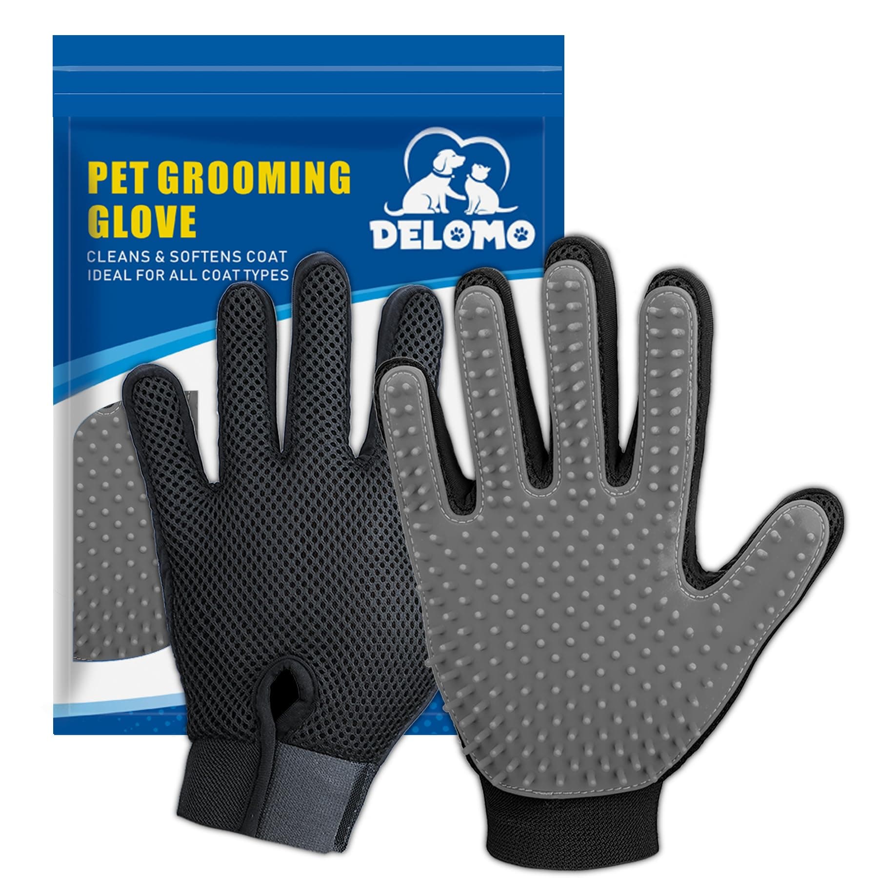 DELOMO Upgrade Version Pet Grooming Glove - Gentle Deshedding Brush Glove - Efficient Pet Hair Remover Mitt - Enhanced Five Finger Design - Perfect for Dog & Cat with Long & Short Fur - 1 Pair (Gray)