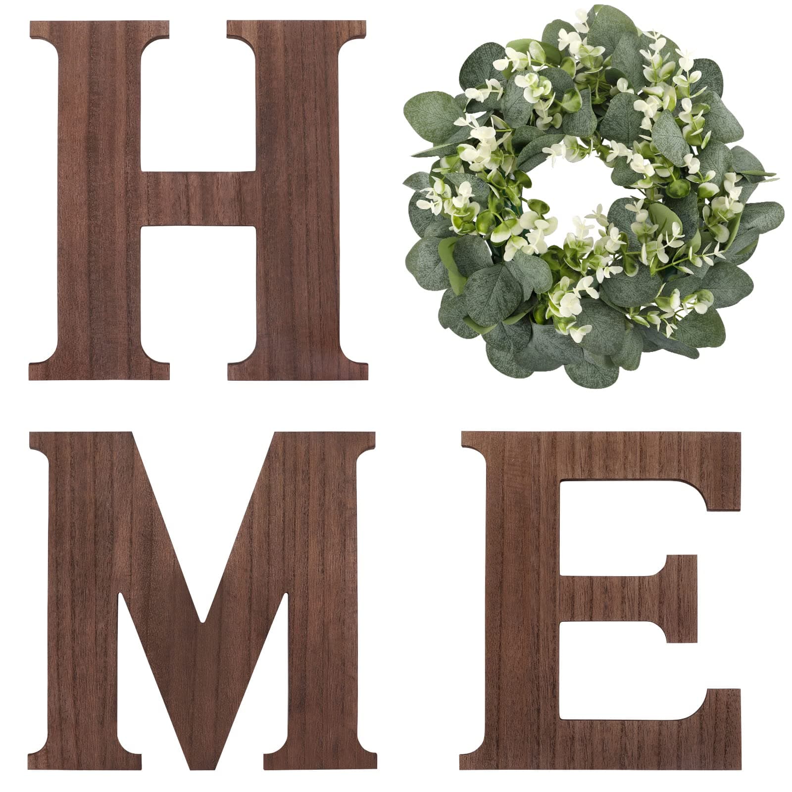 WXBOOM Home Sign Wall Decor Home Letters for Wall with Artificial Eucalyptus Wreath, Rustic Farmhouse Wall Decor Hanging Home Letters Decor for Living Room Entryway Housewarming