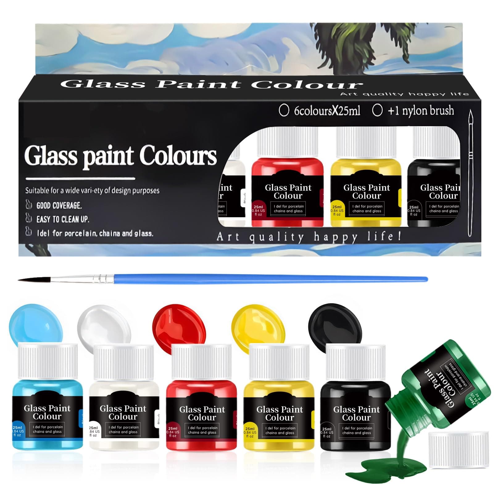 Allony Glass Paints for Glass Painting, Stained Glass Paint, Glass painting Kit, 25ml/6 Colors of Paint + 1 Brush, for Ceramic, glass & Rock Painting, Bright Colors, Strong Covering Power