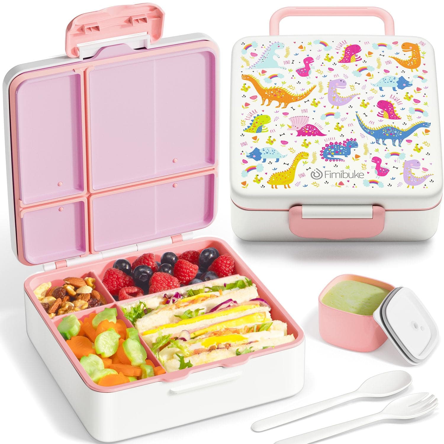 Fimibuke Bento Lunch Box for Kids, Leak Proof Toddler Bento Box with 4 Compartments BPA Free Dishwasher Safe Lunch Container with Utensils, Ideal Portion Sizes for Ages 3-12 Girls Boys for School