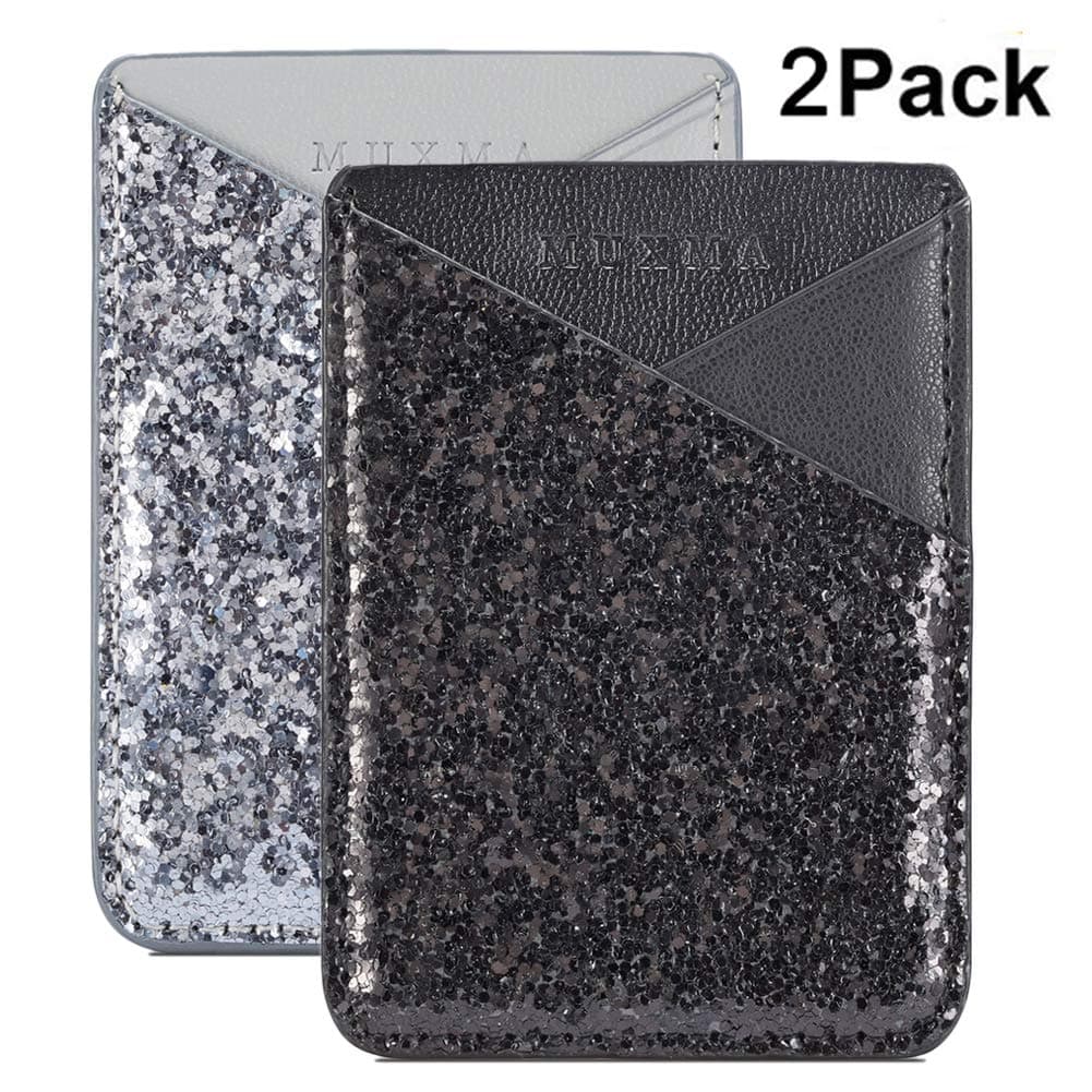 Faux Leather Cell Phone Wallet,Credit Card Holder for Back of Phone Pocket 3M Adhesive Sticker Card Pouch Sleeve for iPhone/Samsung Galaxy/Sony/Android and Most Smartphones,Black/Silver Glitter