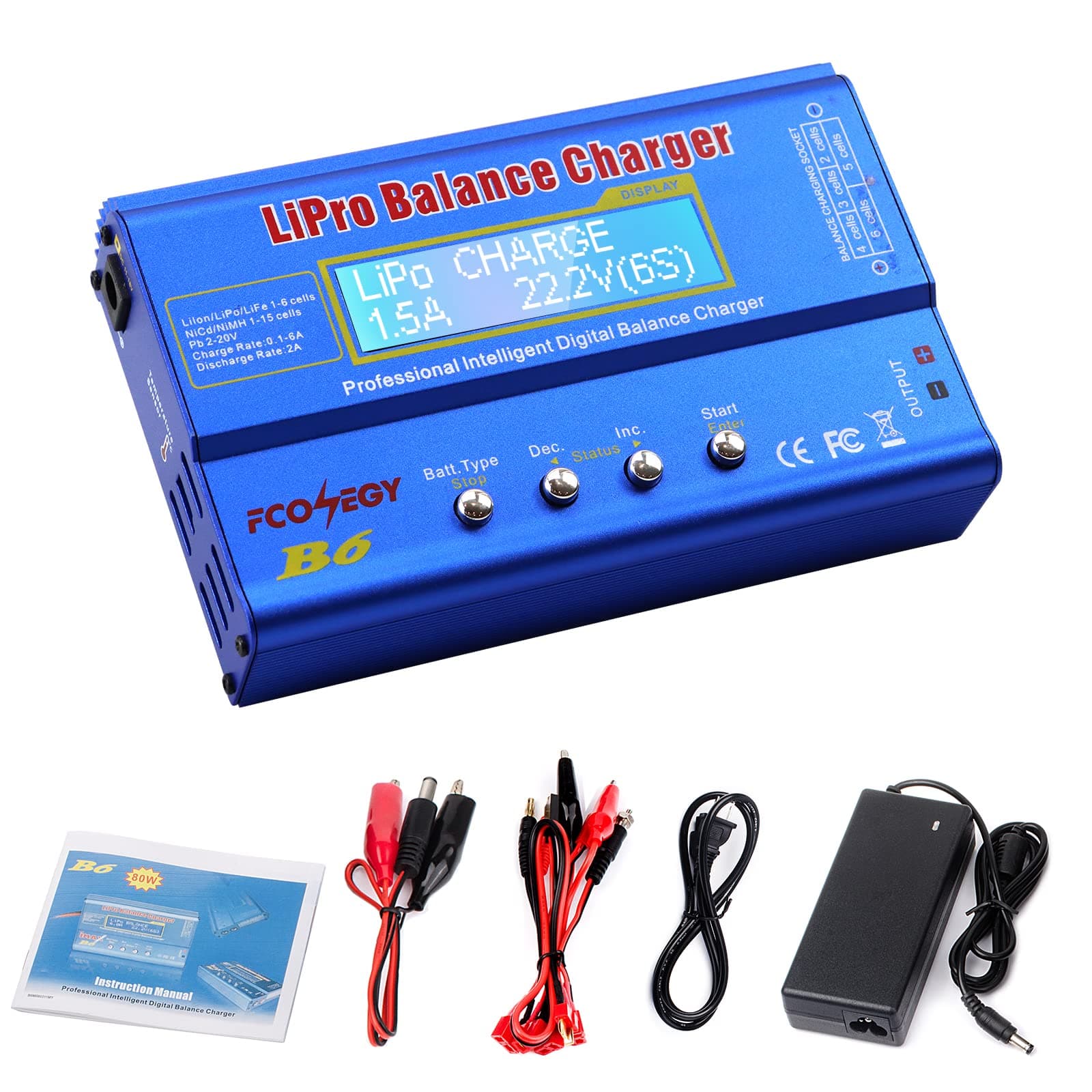 B6 Lipo Battery Balance Charger 80W 6A Discharger for NiMH/NiCd (1-15S), LiPo/Li-ion/Life Battery (1-6S), RC Hobby Batteries Balance Charger with LCD Display & AC Power Supply