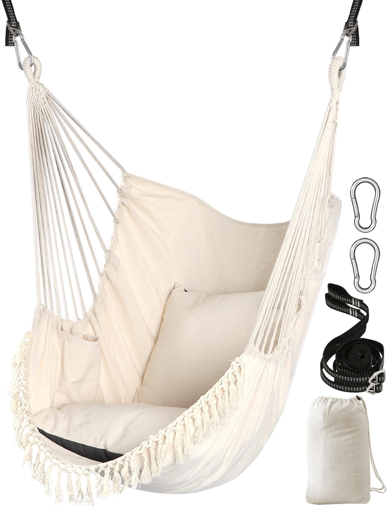 Chihee Hammock Chair Hanging Swing 2 Seat Cushions Included,Strong Webbing Straps and Hooks for Easy Hanging Soft Cotton Weave Hanging Chair Side Pocket Large Tassel Chair Set Comfort Indoor Outdoor