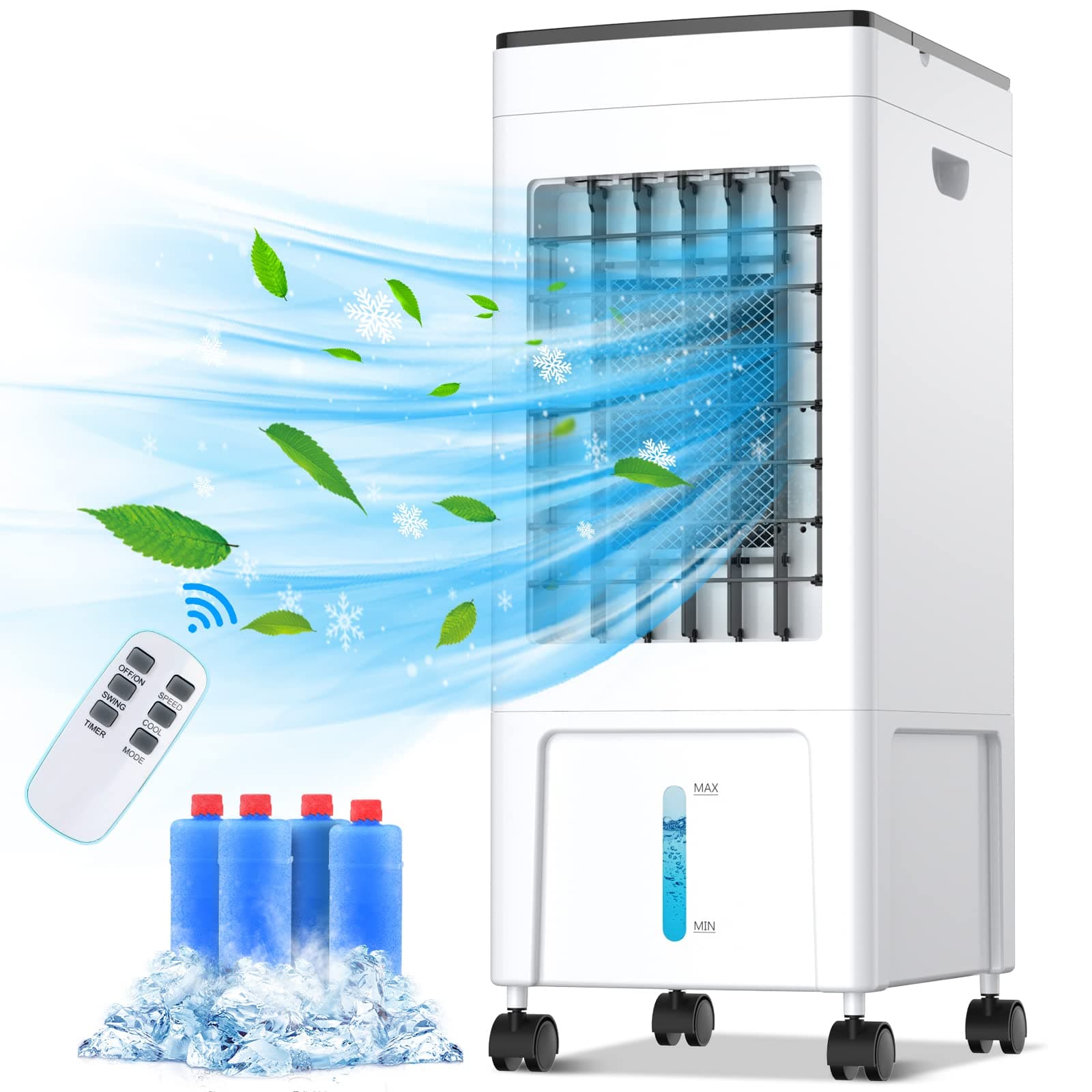 Evaporative Air Cooler, 4-IN-1 Portable Air Conditioner 8L Space Cooler Humidifier Air Purifier Cooling Fan,1-8H Timer, 60W, 3 Modes, W/Remote Control & 4 Ice Box for Room, Office, Kitchen