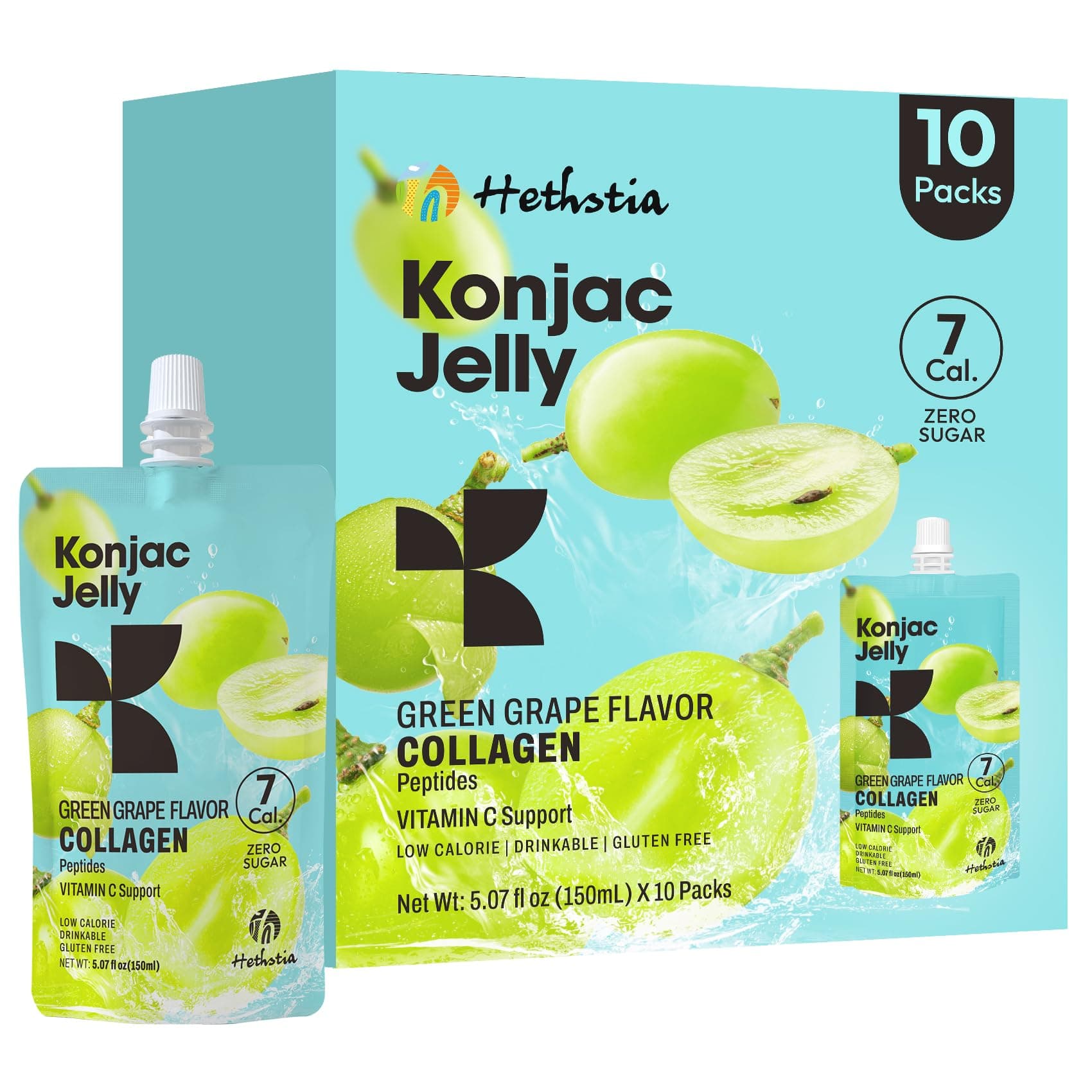 Hethstia Konjac Jelly Green Grape Flavor, 10 Pouches, Drinkable Grape Jelly with Collagen Peptides, 7 Kcal, Sugar Free, Gluten Free, Keto, Vegan, On-The-Go Chewy Light Snacks