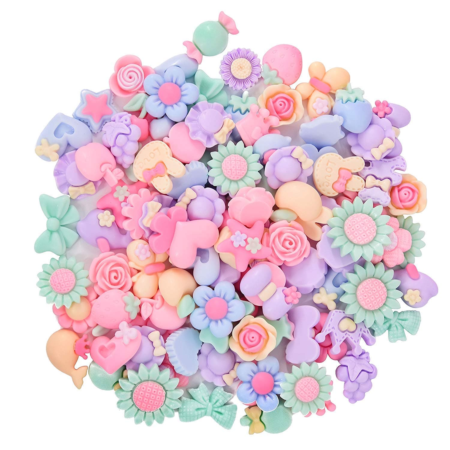 Onwon 100 Pieces 3D Candy Color Resin Flower Bow Fruit Animal Flatback Button for DIY Hair Clip Headband Scrapbooking Embelishments