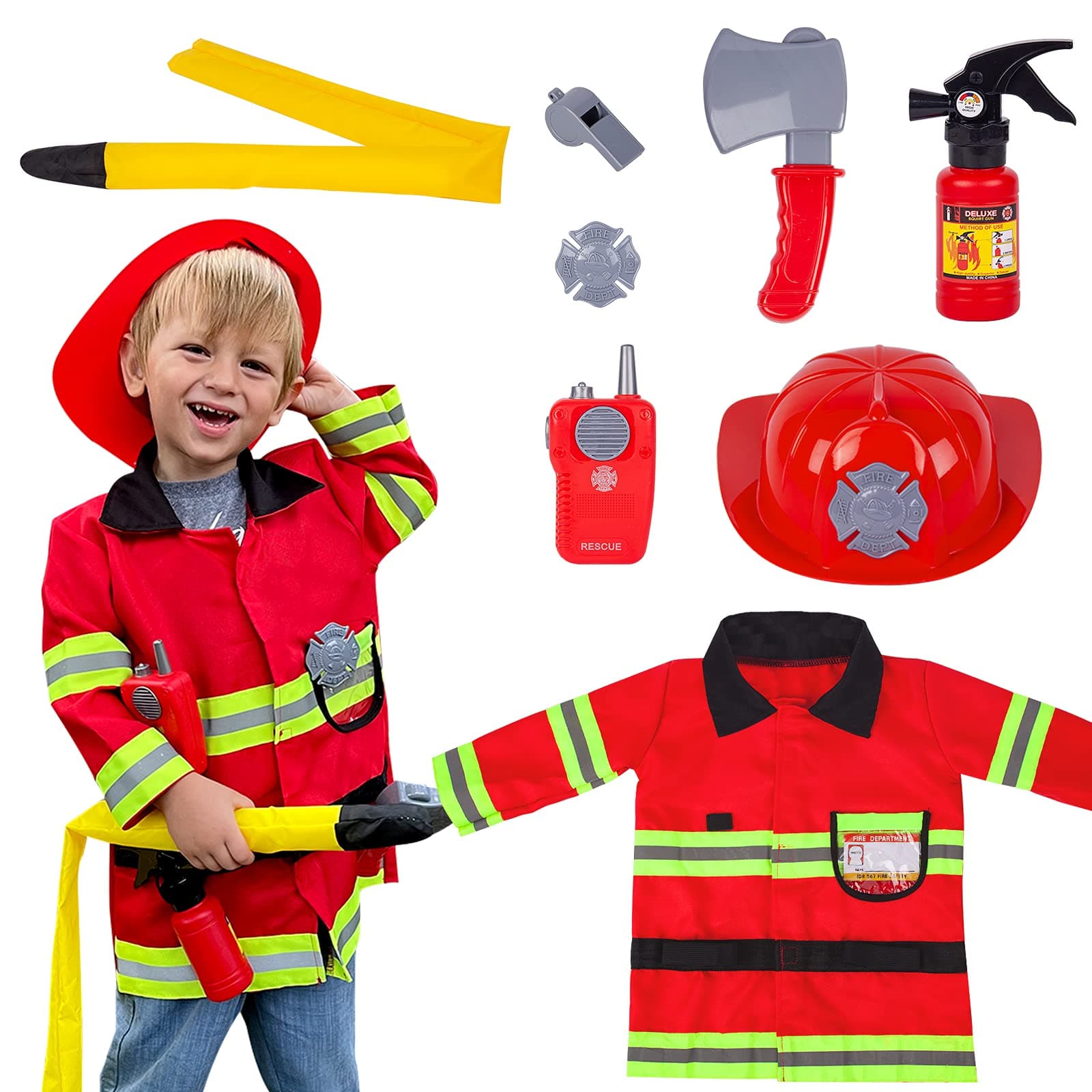 liberry Fireman Costume for Kids, Firefighter Costume Role Play Set with Helmet, Fire Extinguisher and Accessories, Pretend Play Fireman Dress Up Toys for Kids, Toddlers, Boys & Girls (Colorful Box)