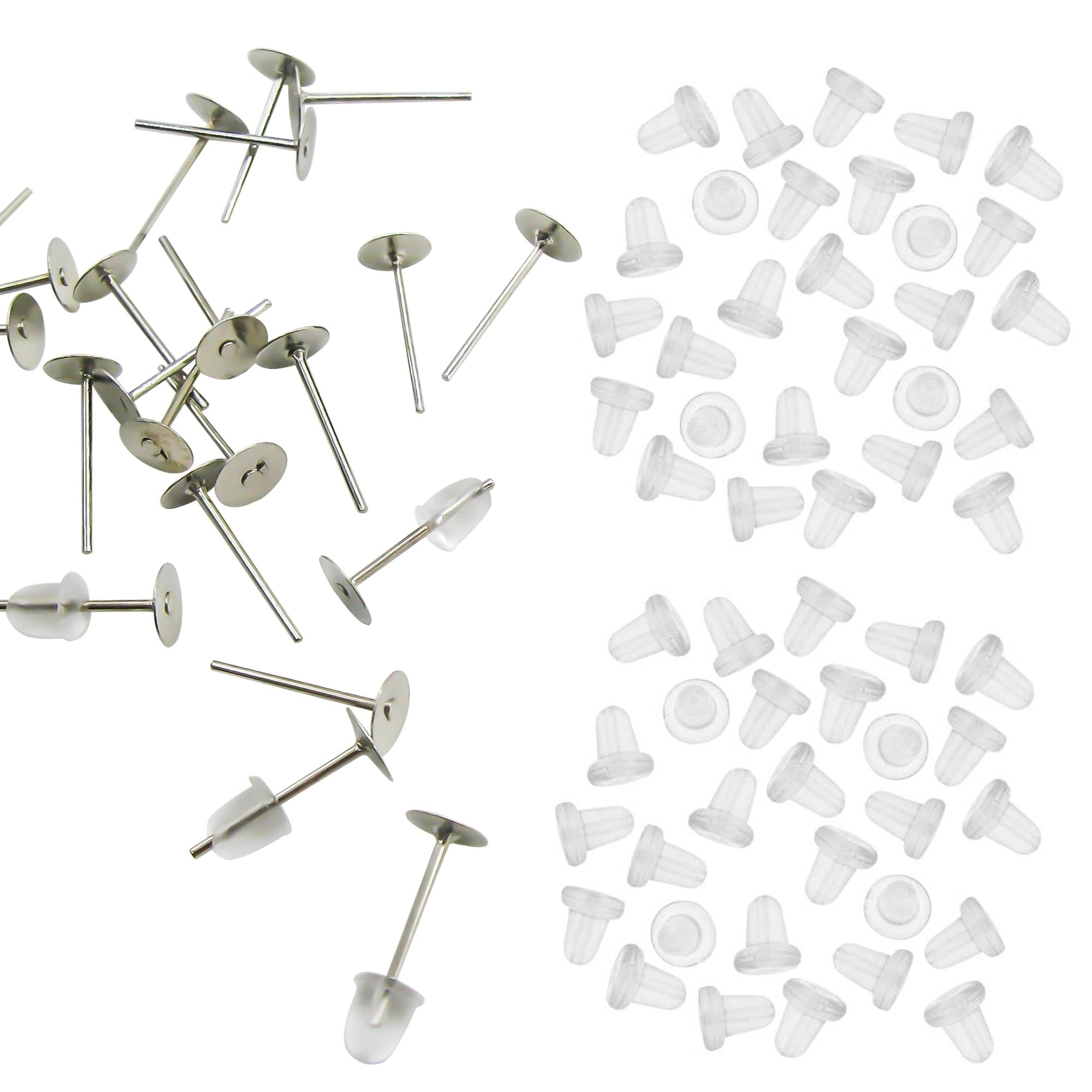 TOAOB 100 Pairs Hypo Allergenic Stainless Steel Earring Posts Flat Pad Blanks Pin Studs and Clear Rubber Earring Backs Jewelry Making Findings