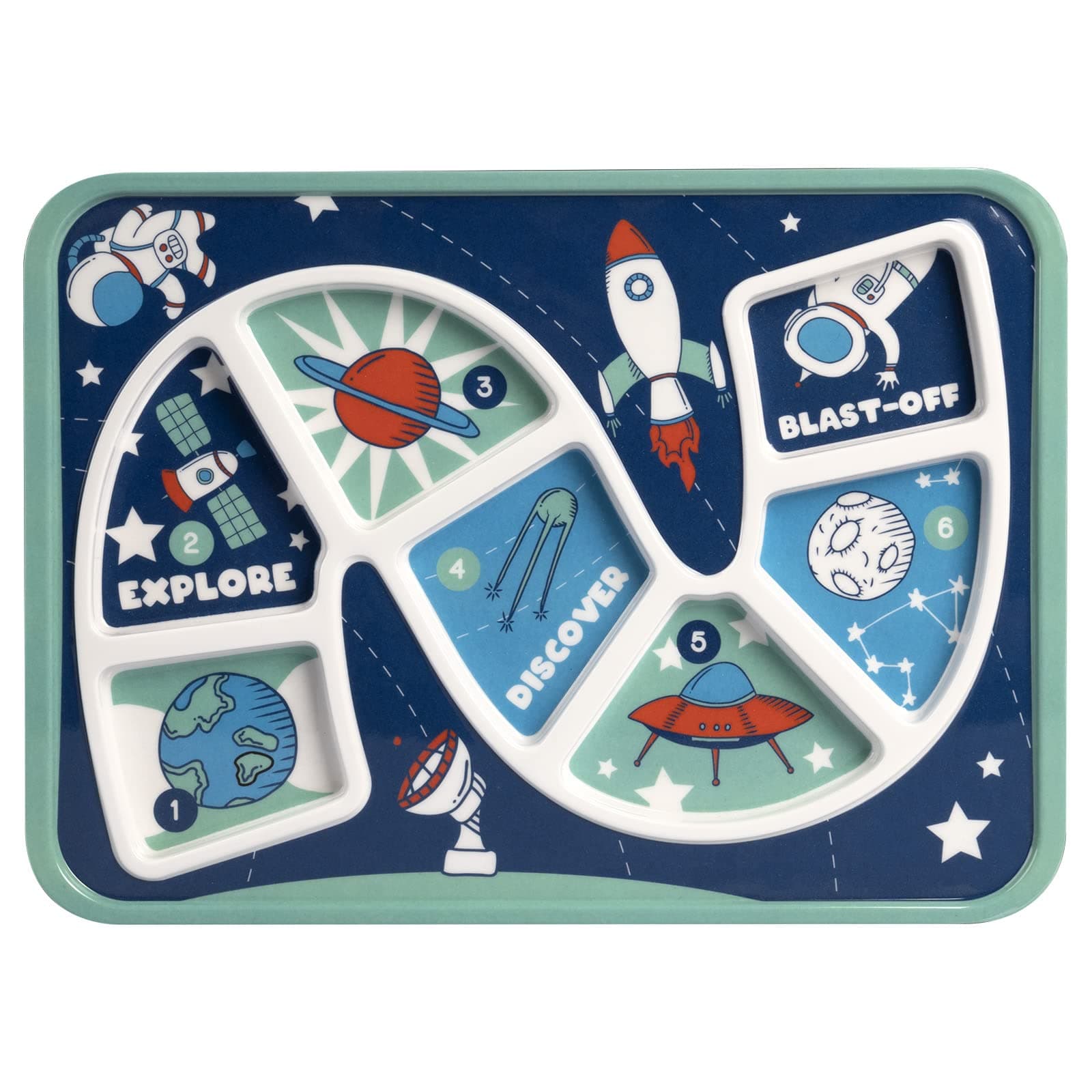 GSM Brands Kids Dinner Plate for Picky Eating Toddlers: Healthy Constructive Fun Meal Time, Divided Portions, Space Themed