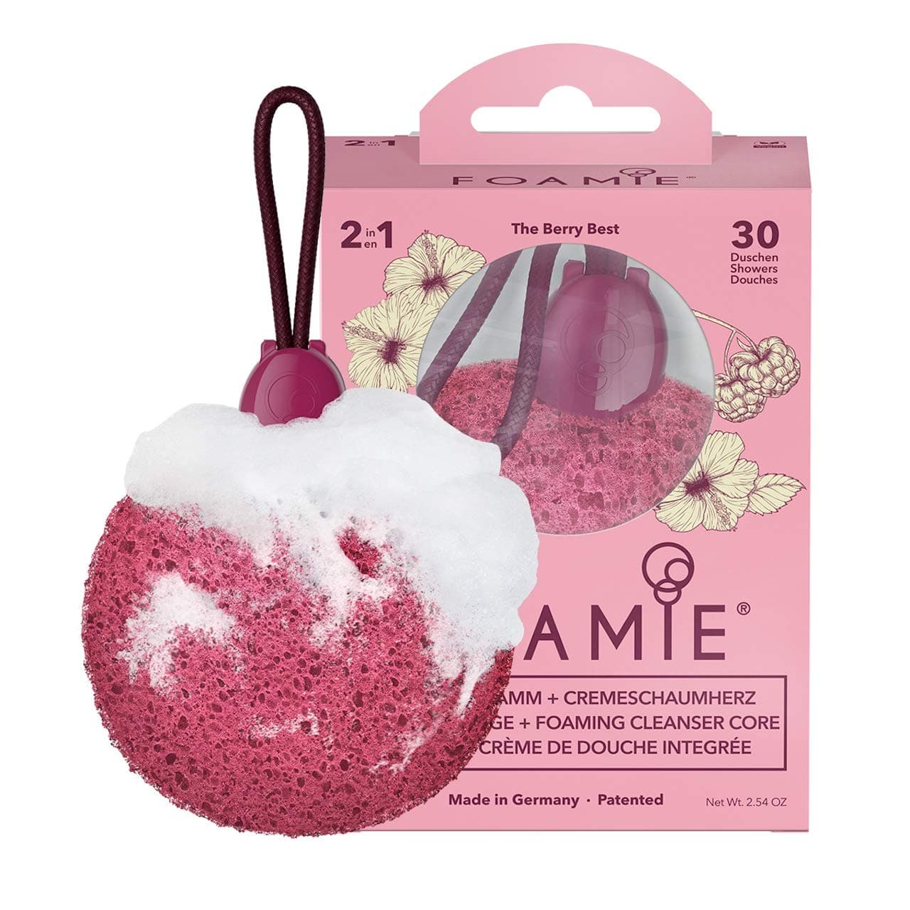 Foamie Sponge, Berry with Cleansing Core - Foams when Wet, Soap-Free, No Nasties, Vegan - Perfect for Travel