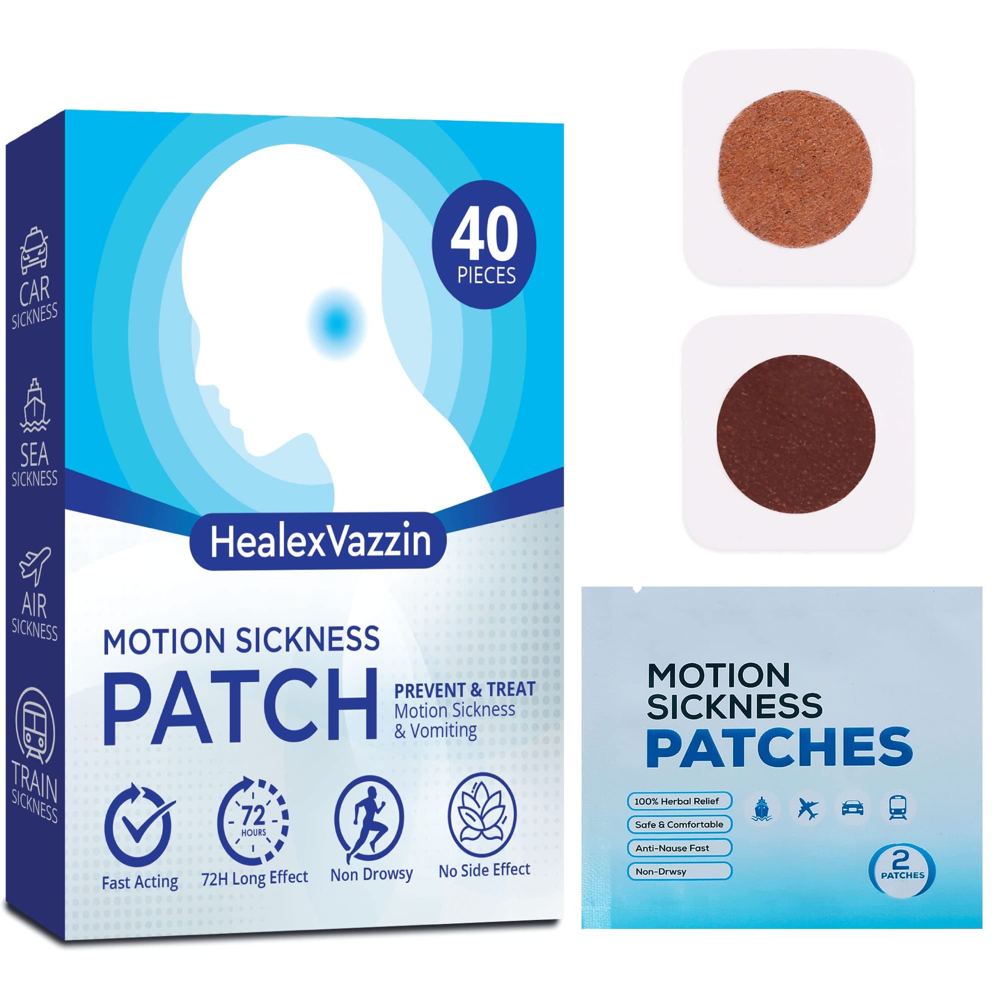 HealexVazzin40 Counts Motion Sickness Patches, Sea Sickness Patch, for Travel of Cars, Ships, Planes, Fast Acting and No Side Effects with Waterproof, Non drows