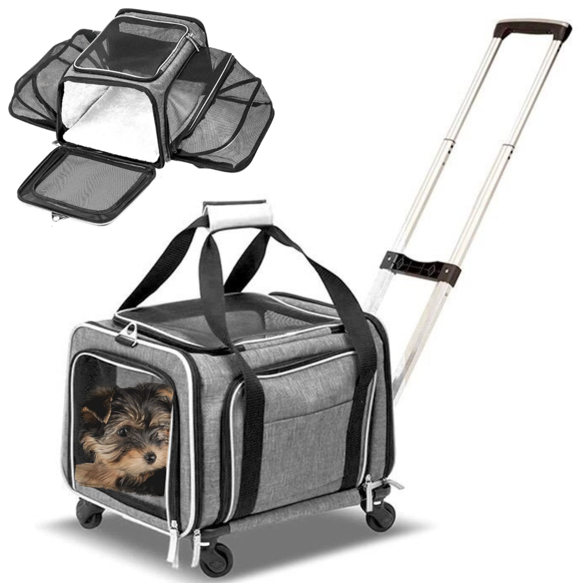 Airline Approved Expandable Premium Pet Carrier on Wheels- Two Sided Expandable Rolling Carrier- Designed for Dogs & Cats- Extra Spacious Soft Lined Carrier! (Grey)