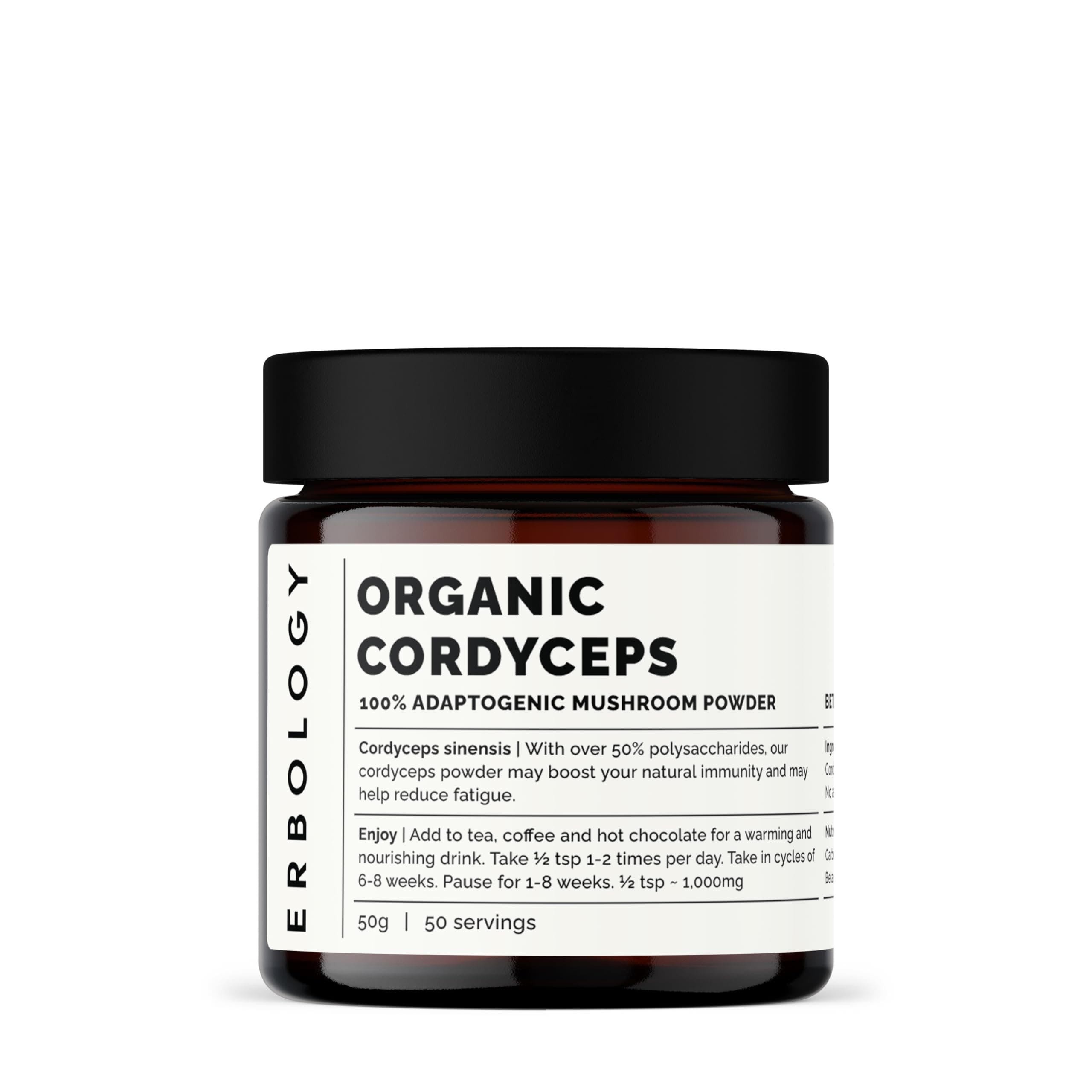 Organic Cordyceps Mushroom Powder 50 Servings - 48% Beta-glucans - Energy and Performance - Cordyceps Sinensis - Small Batch - Sustainably Grown in Europe - Vegan - Non-GMO - No Added Fillers