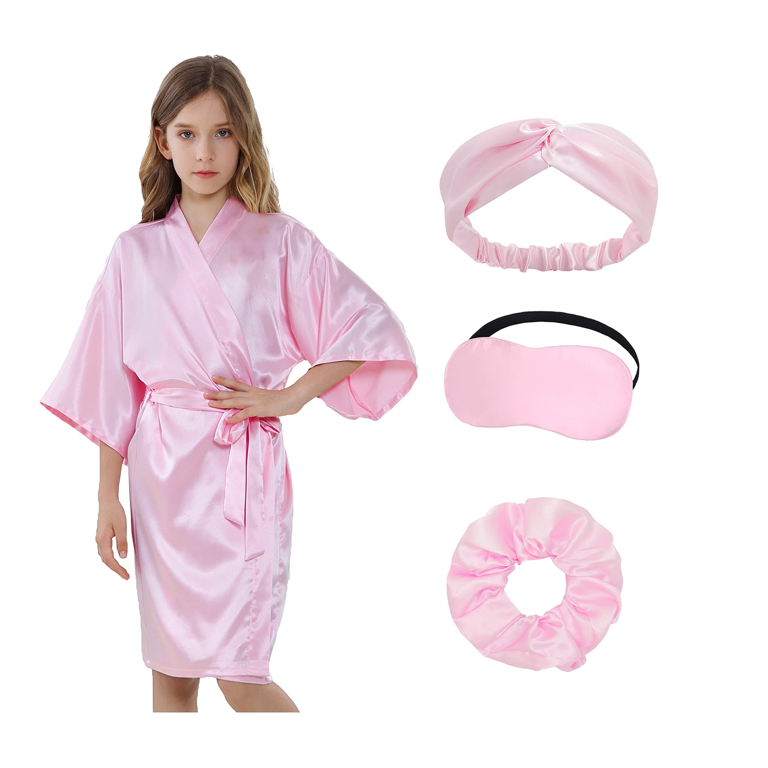 Kids Girls Silky Satin Robe Sets for Birthday Flower Girl Spa Party Wedding with Eyemask Hairband Hair Ring