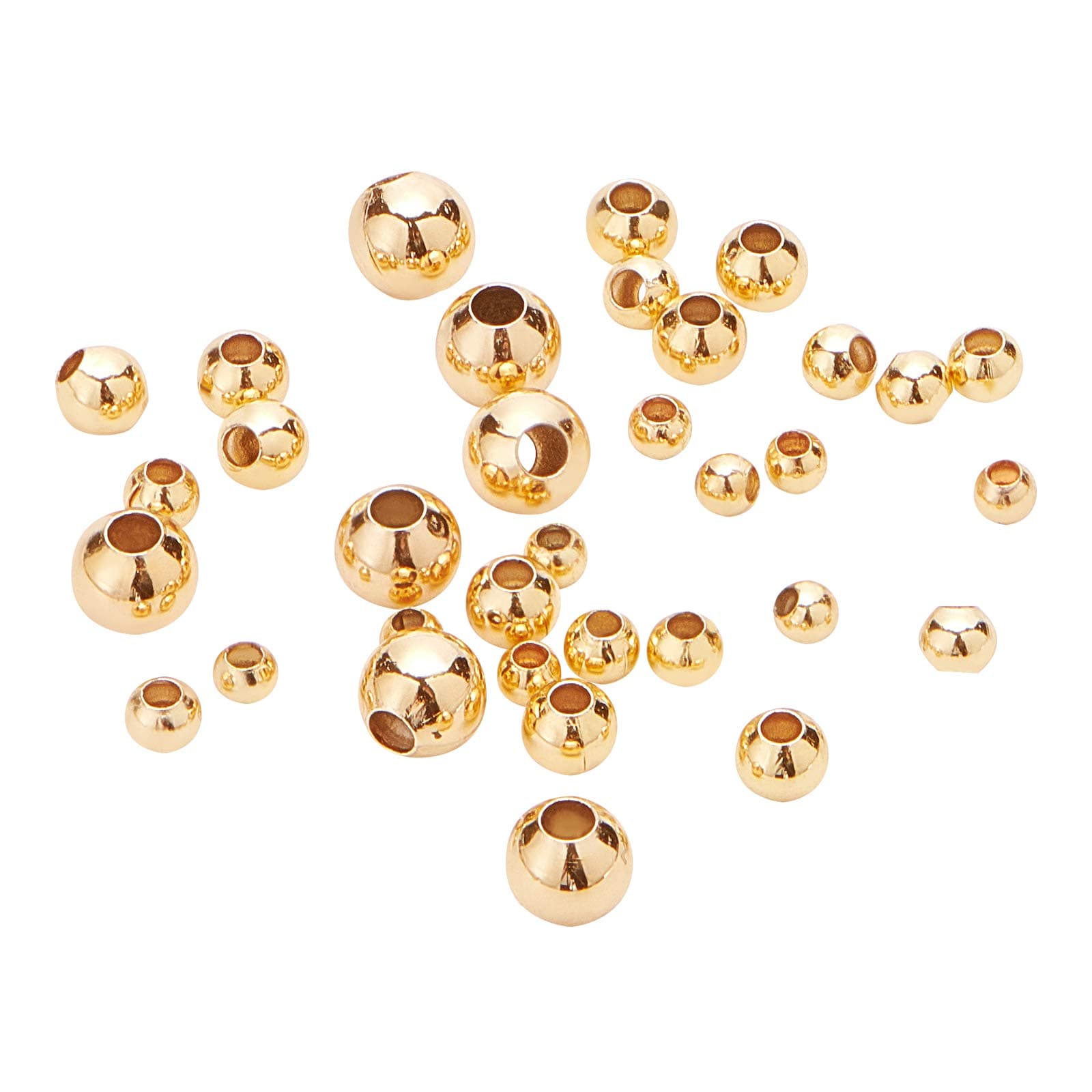BENECREAT 200Pcs 18K Gold Plated Brass Beads Round Spacer Beads with 4 Mixed Sizes(0.5-1.5mm Hole) for Necklaces, Bracelets and Jewelry Making