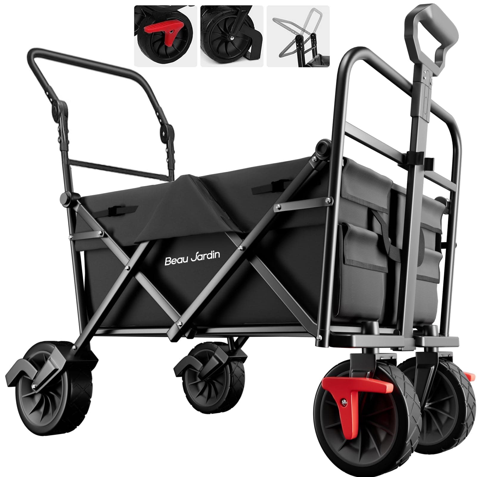 BEAU JARDIN 折りたたみ式プッシュプル折りたたみ式ビーチワゴン 350ポンド 高耐久 ユーティリティ キャンプ 食料品 ガーデン スポーツワゴン 全地形対応サンドホイールとブレーキ付き ブラック