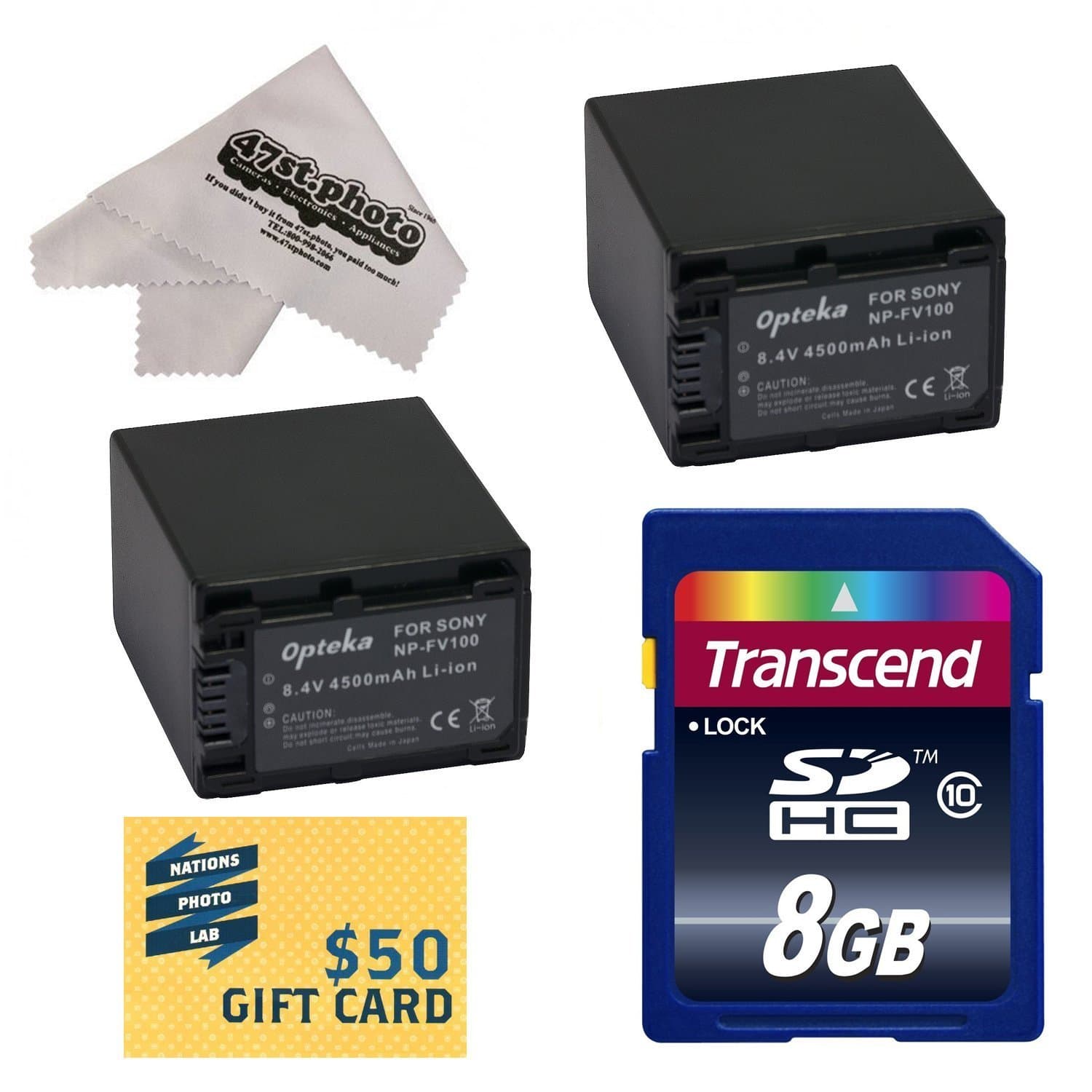 2 Opteka NP-FV100 4500mAh Ultra High Capacity Li-ion Battery Packs 4500mAh Each, 9000mAh in Total for the Sony CX110, CX130, CX150, CX160, CX170, CX190, CX200, CX210, CX220, CX230, CX250, CX260, CX260V, CX280, CX290, CX300, CX320, CX330, CX350, CX350V, CX360, CX370, CX370V, CX380, CX390, CX400, CX410, CX430, CX430V, CX510, CX550, CX550V, CX560, CX560V, CX580, CX580V, CX700, CX700V, CX730, CX740, CX760, CX760V, CX900 Video Camera Camcorder Includes Bonus 8GB High Speed Memory Card + 47stphoto