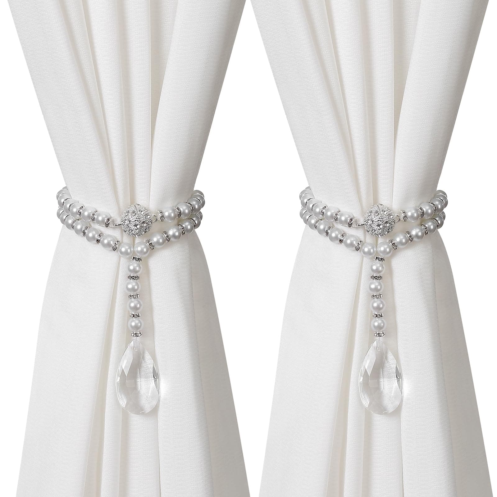 SUQ I OME 1 Pair of Luxury Pearl Beaded Magnetic Curtain Tieback and Holdback Curtain Clips Curtain Buckle Curtain Holder Blingbling Curtain Holdbacks for Drapes,Pearl