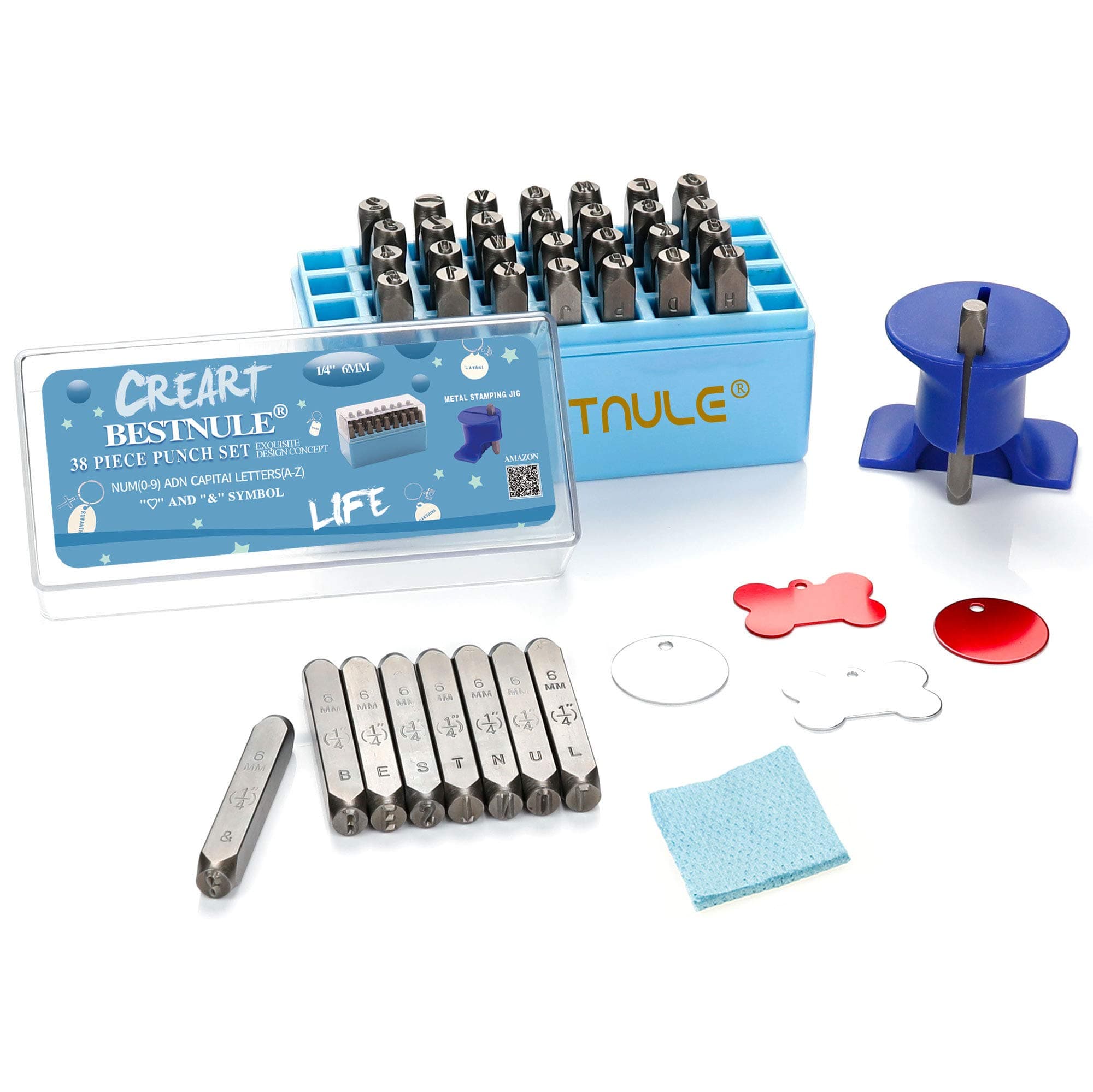 BESTNULE Metal Stamping Kit, Number and Letter Stamp Set (A-Z, 0-9 and &, Love Symbol), Industrial Grade Hardened Carbon Steel, Perfect for Imprinting Metal, Wood, Plastic, Leather (1/4", 6MM)