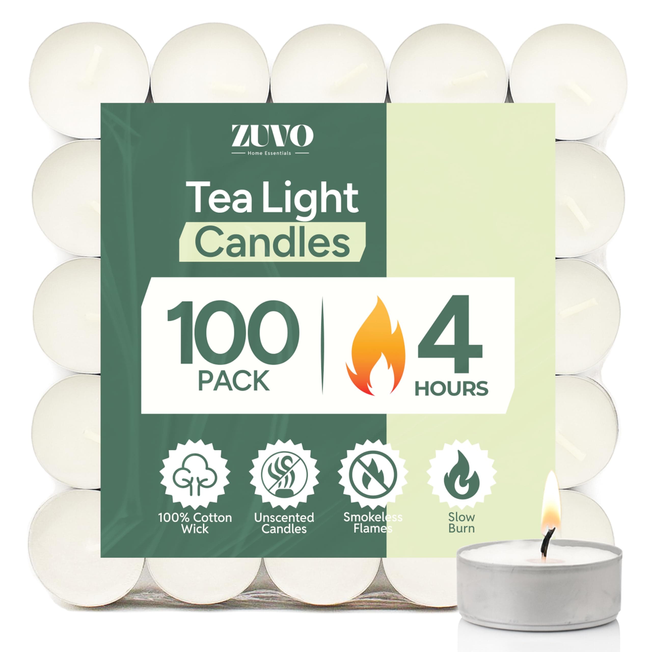 Zuvo 4-Hour Unscented Tea Light Candles (100-Pack) - Long-Lasting with Cotton Wicks, Clean Burning, 3.8 × 1.3 cm, White