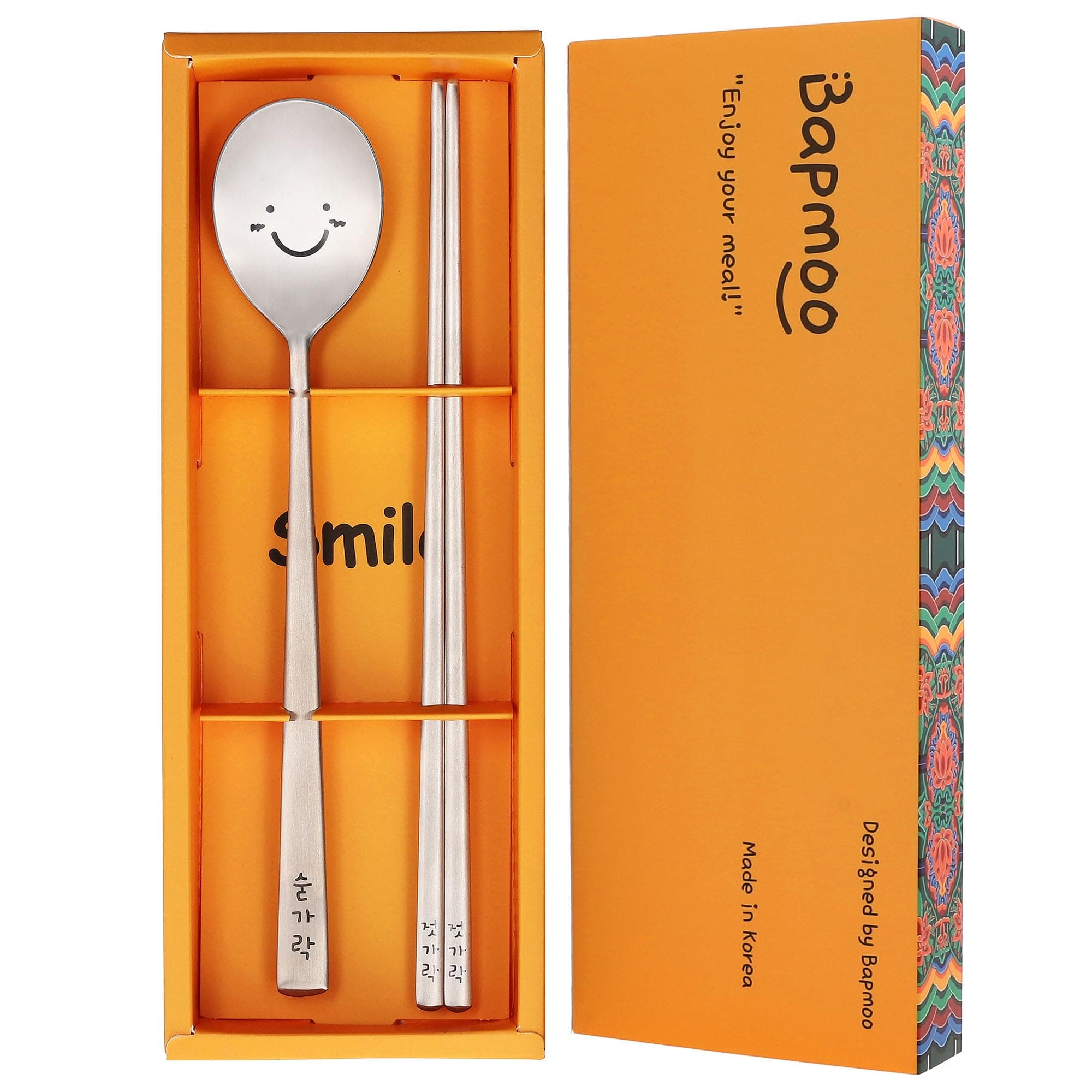 Korean Chopsticks and Spoon Set Combinations Reusable Long Handle Metal Stainless Steel Good for Gift Happy Face & Hangul Characters Engraved Silver
